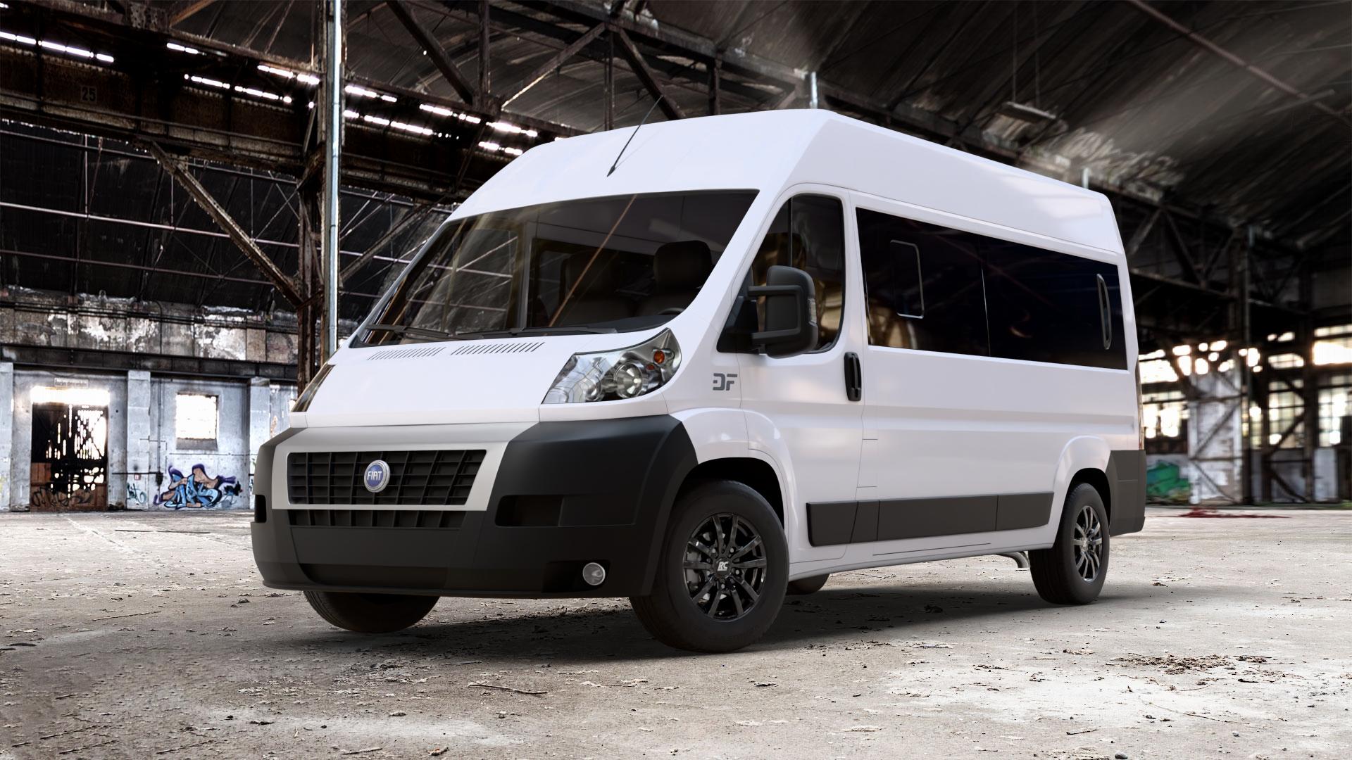 RC Design RC25T schwarz lackiert Felge mit Reifen in 16Zoll Winterfelge Alufelge auf weissem Fiat Ducato Bus Typ 250 ⬇️ mit 15mm Tieferlegung ⬇️ Old Industrial Hall_max_7000mm_2024 Frontansicht_1