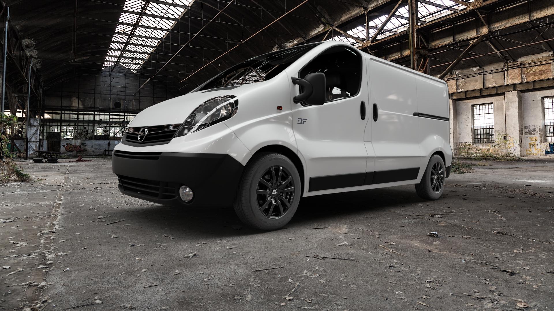RC Design RC25T schwarz lackiert Felge mit Reifen in 16Zoll Winterfelge Alufelge auf weissem Opel Vivaro A Kasten ⬇️ mit 15mm Tieferlegung ⬇️ Old Industrial Hall_max5000mm_2022 Frontansicht_1
