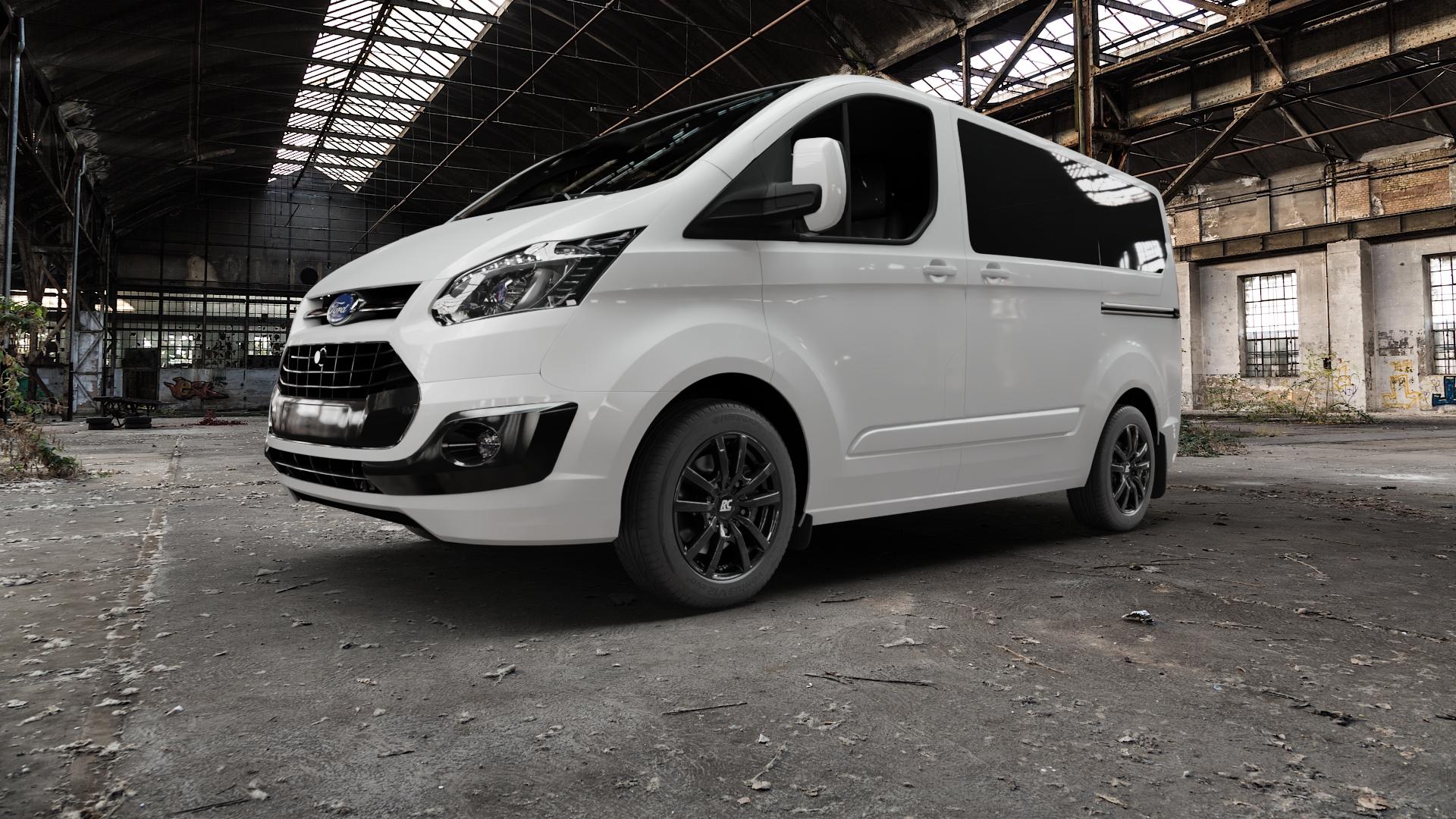 RC Design RC25T schwarz lackiert Felge mit Reifen in 17Zoll Winterfelge Alufelge auf weissem Ford Tourneo Custom Typ FAC (12->) ⬇️ mit 15mm Tieferlegung ⬇️ Old Industrial Hall_max5000mm_2022 Frontansicht_1