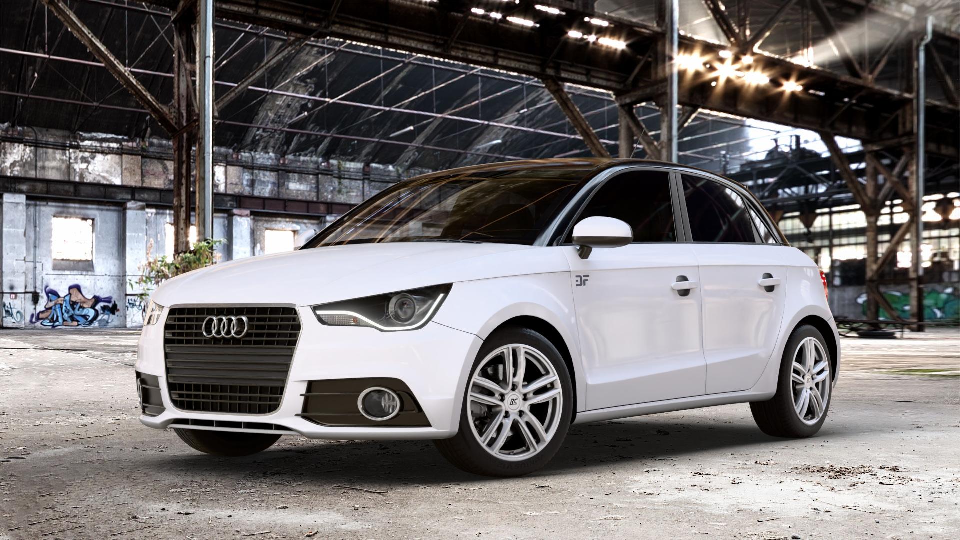 RC Design RC27 kristallsilber lackiert Felge mit Reifen in 16Zoll Winterfelge Alufelge auf weissem Audi A1 Typ 8X (Sportback) Facelift ⬇️ mit 15mm Tieferlegung ⬇️ Old Industrial Hall_max_4400mm_2024 Frontansicht_1