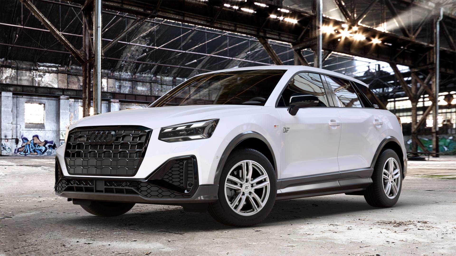 RC Design RC27 kristallsilber lackiert Felge mit Reifen in 16Zoll Winterfelge Alufelge auf weißem Audi Q2 Typ GA Facelift ⬇️ mit 15mm Tieferlegung ⬇️ Old Industrial Hall_max_4400mm_2024 Frontansicht_1