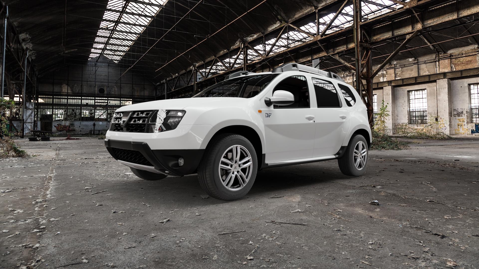 RC Design RC27 kristallsilber lackiert Felge mit Reifen in 16Zoll Winterfelge Alufelge auf weissem Dacia Duster Typ SD ⬇️ mit 15mm Tieferlegung ⬇️ Old Industrial Hall_max5000mm_2022 Frontansicht_1
