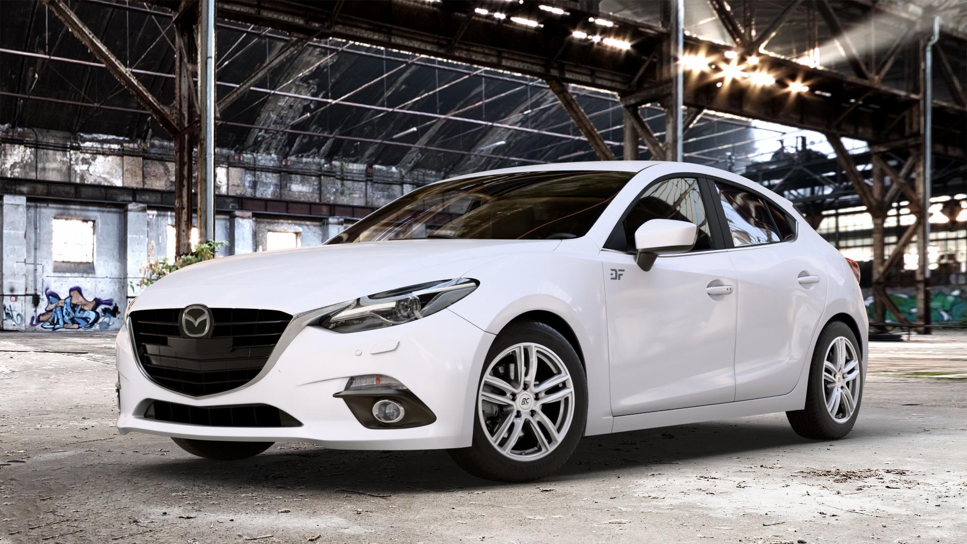 RC Design RC27 kristallsilber lackiert Felge mit Reifen in 16Zoll Winterfelge Alufelge auf weissem Mazda 3 (13-) Stufenheck (BM) Sport (17-) Facelift Fließheck ⬇️ mit 15mm Tieferlegung ⬇️ Old Industrial Hall_max_4400mm_2024 Frontansicht_1