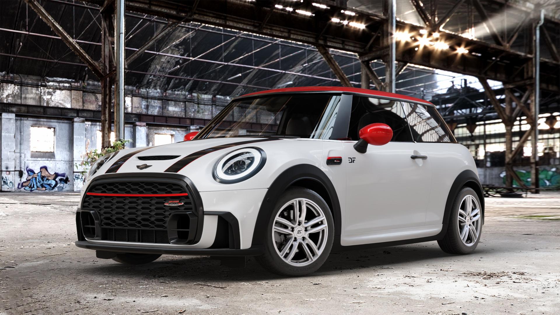 RC Design RC27 kristallsilber lackiert Felge mit Reifen in 16Zoll Winterfelge Alufelge auf weissem Mini F56 Typ FML2 (3-Türer Limousine) Facelift 21-> 2,0l Cooper S 131kW (178 PS) 120kW (163 JCW 170kW (231 ⬇️ mit 15mm Tieferlegung ⬇️ Old Industrial Hall_max_4400mm_2024 Frontansicht_1
