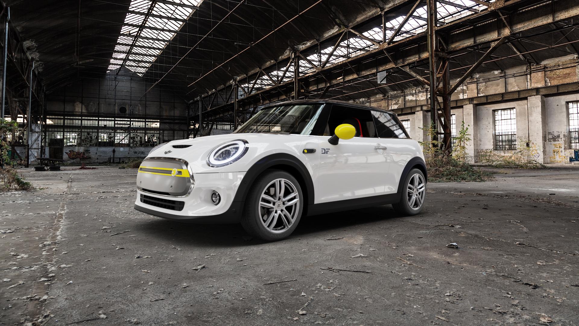 RC Design RC27 kristallsilber lackiert Felge mit Reifen in 16Zoll Winterfelge Alufelge auf weissem Mini F56 Typ FML2E (3-Türer Limousine) 0,0l Cooper SE 75kW (102 PS) ⬇️ mit 15mm Tieferlegung ⬇️ Old Industrial Hall_max5000mm_2022 Frontansicht_1