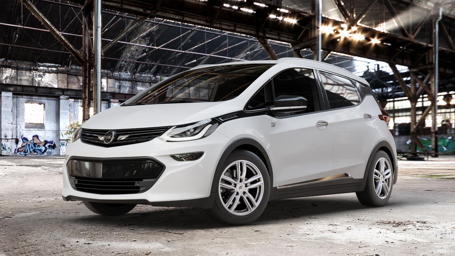 RC Design RC27 kristallsilber lackiert Felge mit Reifen in 16Zoll Winterfelge Alufelge auf weissem Opel Ampera-e Typ 1G0F Ampera ⬇️ mit 15mm Tieferlegung ⬇️ Old Industrial Hall_max_4400mm_2024 Frontansicht_1