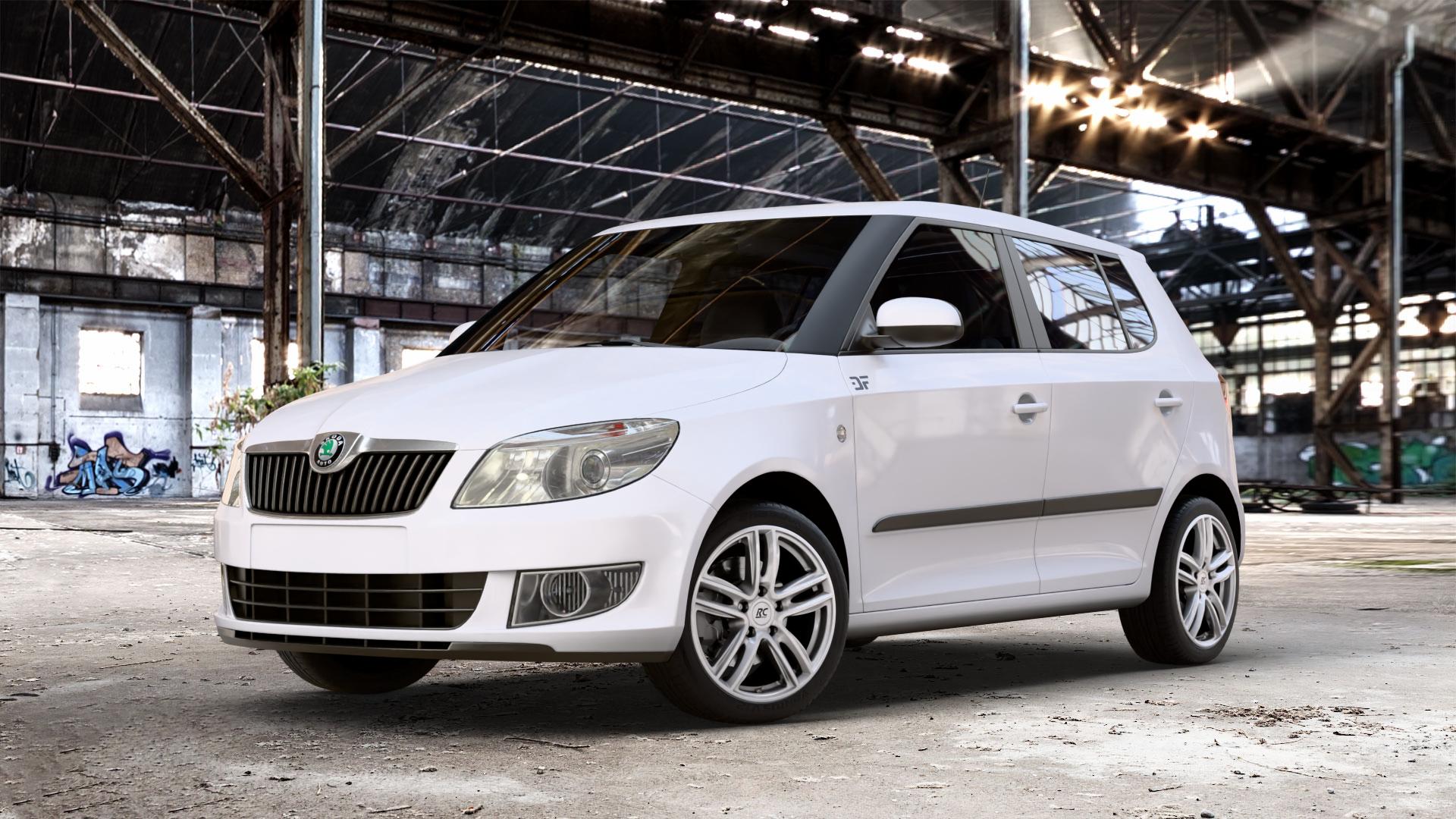 RC Design RC27 kristallsilber lackiert Felge mit Reifen in 16Zoll Winterfelge Alufelge auf weissem Skoda Fabia II Typ 5J Facelift ⬇️ mit 15mm Tieferlegung ⬇️ Old Industrial Hall_max_4400mm_2024 Frontansicht_1