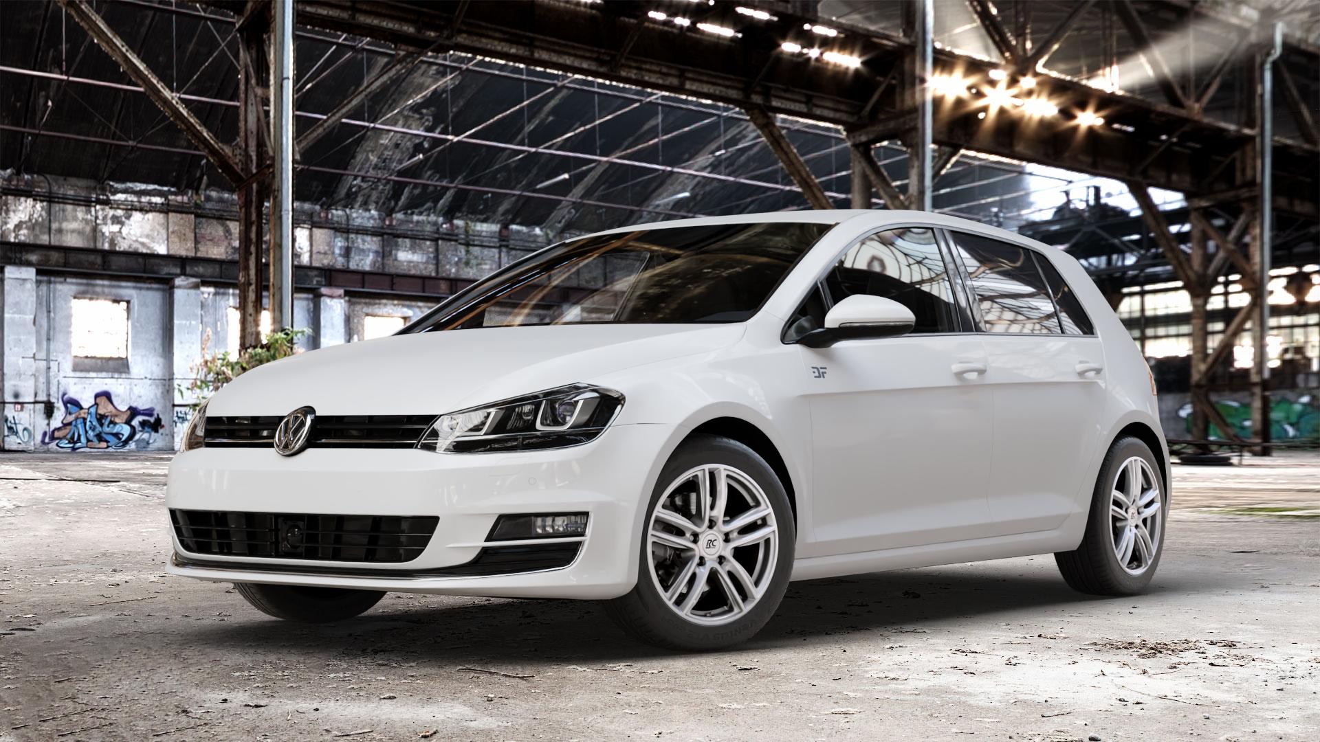 RC Design RC27 kristallsilber lackiert Felge mit Reifen in 16Zoll Winterfelge Alufelge auf weissem Volkswagen (VW) Golf 7 ⬇️ mit 15mm Tieferlegung ⬇️ Old Industrial Hall_max_4400mm_2024 Frontansicht_1