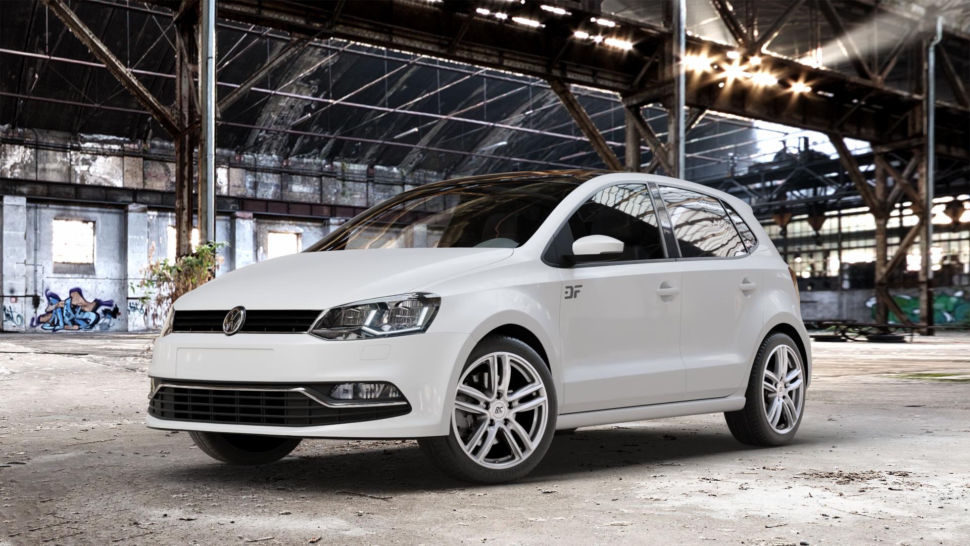 RC Design RC27 kristallsilber lackiert Felge mit Reifen in 16Zoll Winterfelge Alufelge auf weissem Volkswagen (VW) Polo V Typ 6C ⬇️ mit 15mm Tieferlegung ⬇️ Old Industrial Hall_max_4400mm_2024 Frontansicht_1