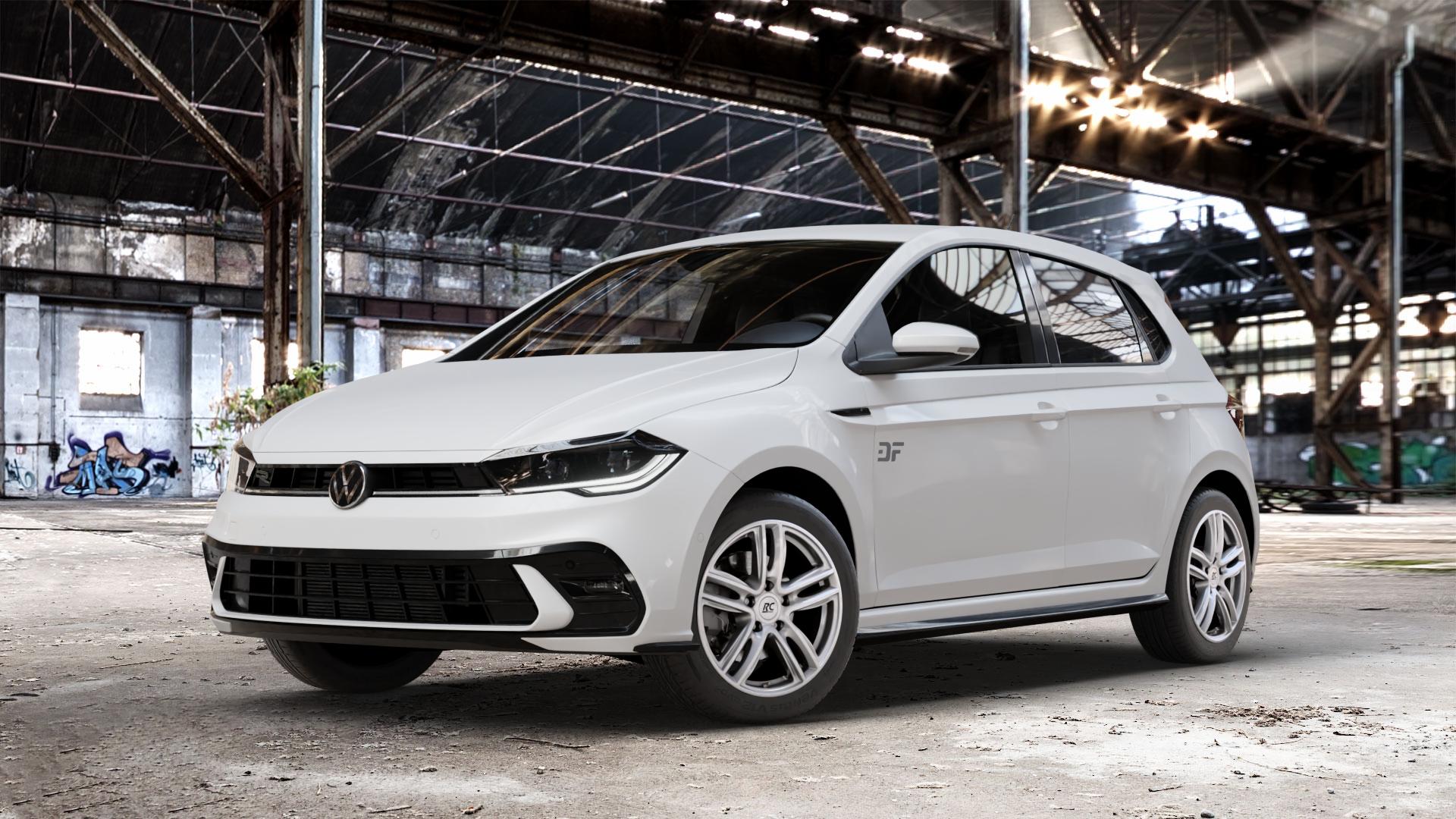 RC Design RC27 kristallsilber lackiert Felge mit Reifen in 16Zoll Winterfelge Alufelge auf weissem Volkswagen (VW) Polo VI Typ AW Facelift 1,0l TGI 66kW (90 PS) TSI 81kW (110 70kW (95 MPI 59kW (80 ⬇️ mit 15mm Tieferlegung ⬇️ Old Industrial Hall_max_4400mm_2024 Frontansicht_1