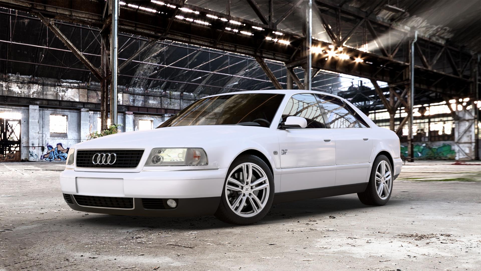 RC Design RC27 kristallsilber lackiert Felge mit Reifen in 18Zoll Winterfelge Alufelge auf weissem Audi A8 Typ D2/4D 2,8l 128kW (174 PS) 142kW (193 2,5l TDI 110kW (150 132kW (179 quattro ⬇️ mit 15mm Tieferlegung ⬇️ Old Industrial Hall_max_5300mm_2024 Frontansicht_1