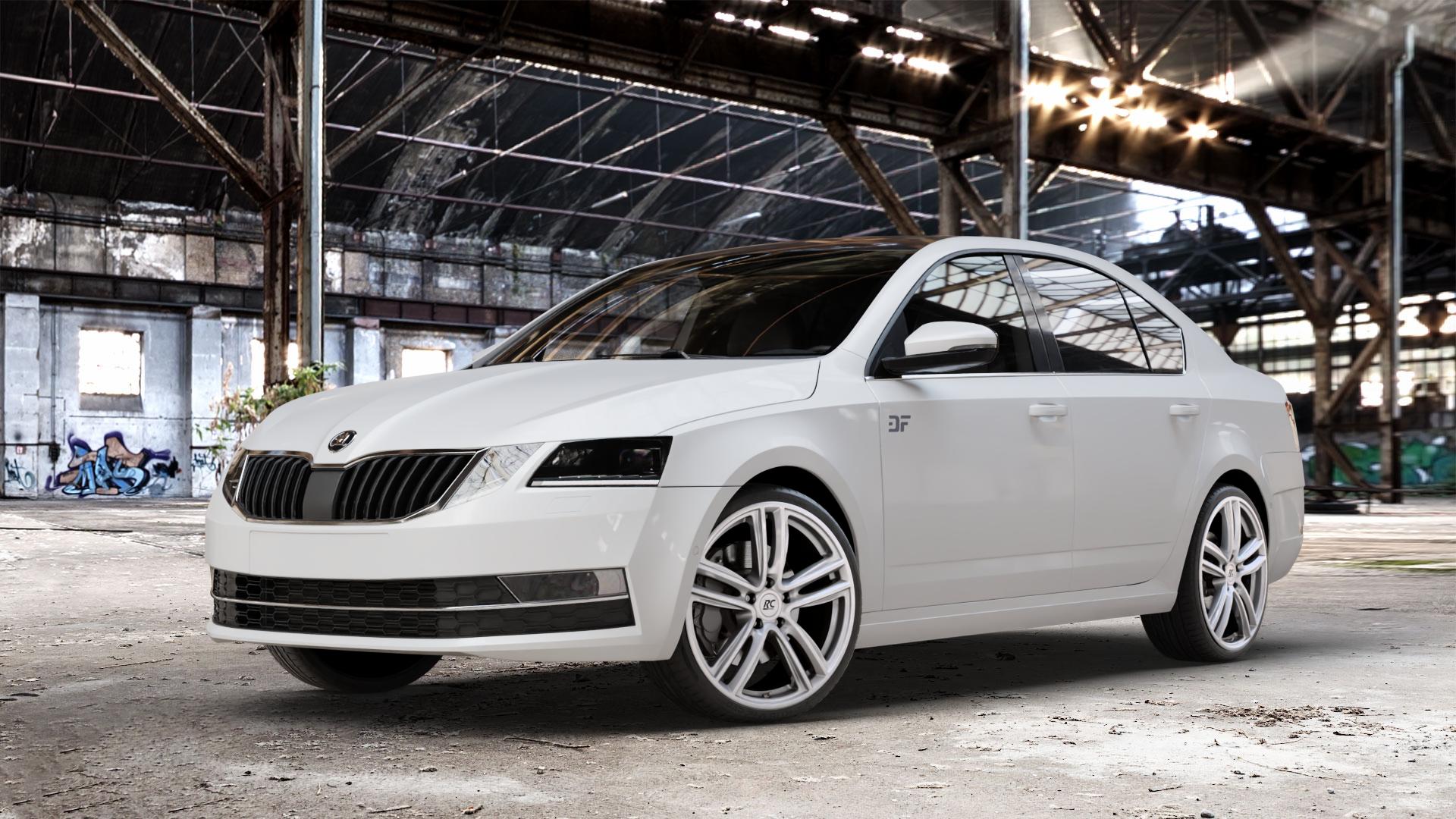 RC Design RC27 kristallsilber lackiert Felge mit Reifen in 19Zoll Winterfelge Alufelge auf weissem Skoda Octavia III Limousine Typ 5E Facelift ⬇️ mit 15mm Tieferlegung ⬇️ Old Industrial Hall_max_4400mm_2024 Frontansicht_1