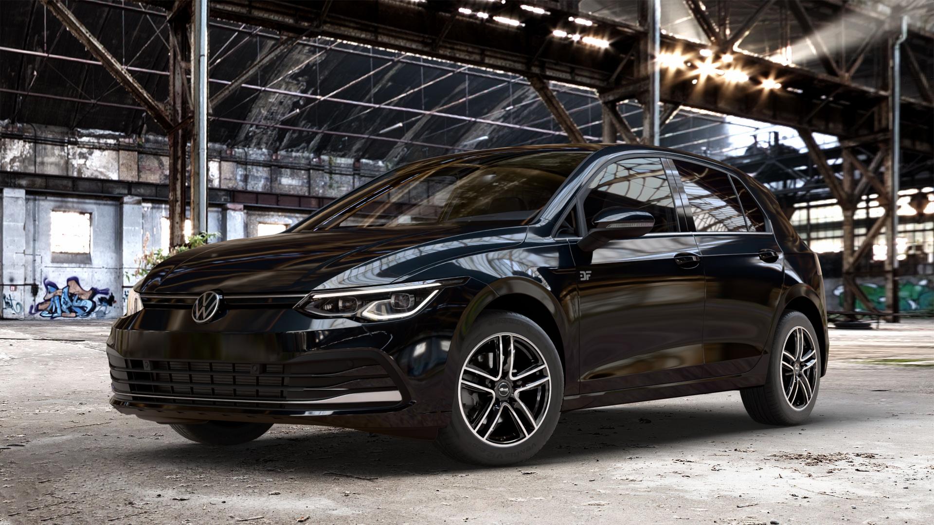RC Design RC27 schwarz front-poliert Felge mit Reifen silber mehrfarbig in 16Zoll Alufelge auf metallic schwarzem Volkswagen (VW) Golf 8 1,5l TSI 96kW (131 PS) 110kW (150 2,0l TDI 85kW (116 Mild-Hybrid 1,0l 81kW (110 66kW (90 1,4l Hybrid TGI 4Motion 140kW (190 ⬇️ mit 15mm Tieferlegung ⬇️ Old Industrial Hall_max_4400mm_2024 Frontansicht_1