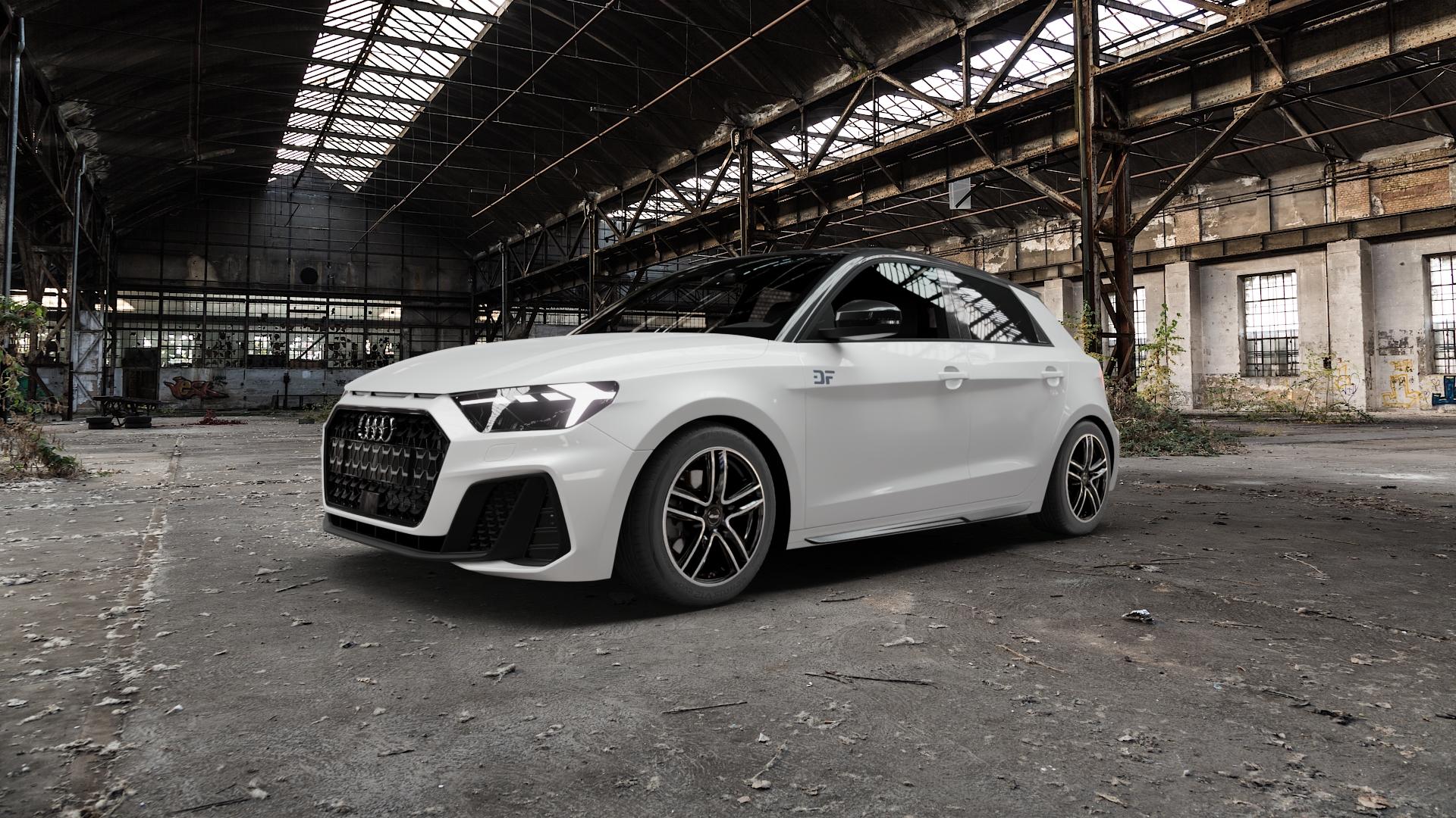 RC Design RC27 schwarz front-poliert Felge mit Reifen silber mehrfarbig in 16Zoll Alufelge auf weissem Audi A1 Typ GB (Sportback) ⬇️ mit 15mm Tieferlegung ⬇️ Old Industrial Hall_max5000mm_2022 Frontansicht_1