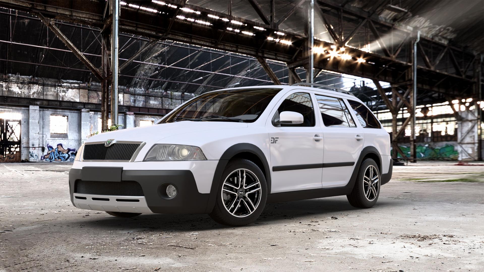RC Design RC27 schwarz front-poliert Felge mit Reifen silber mehrfarbig in 16Zoll Alufelge auf weissem Skoda Octavia II Scout Typ 1Z ⬇️ mit 15mm Tieferlegung ⬇️ Old Industrial Hall_max_5300mm_2024 Frontansicht_1
