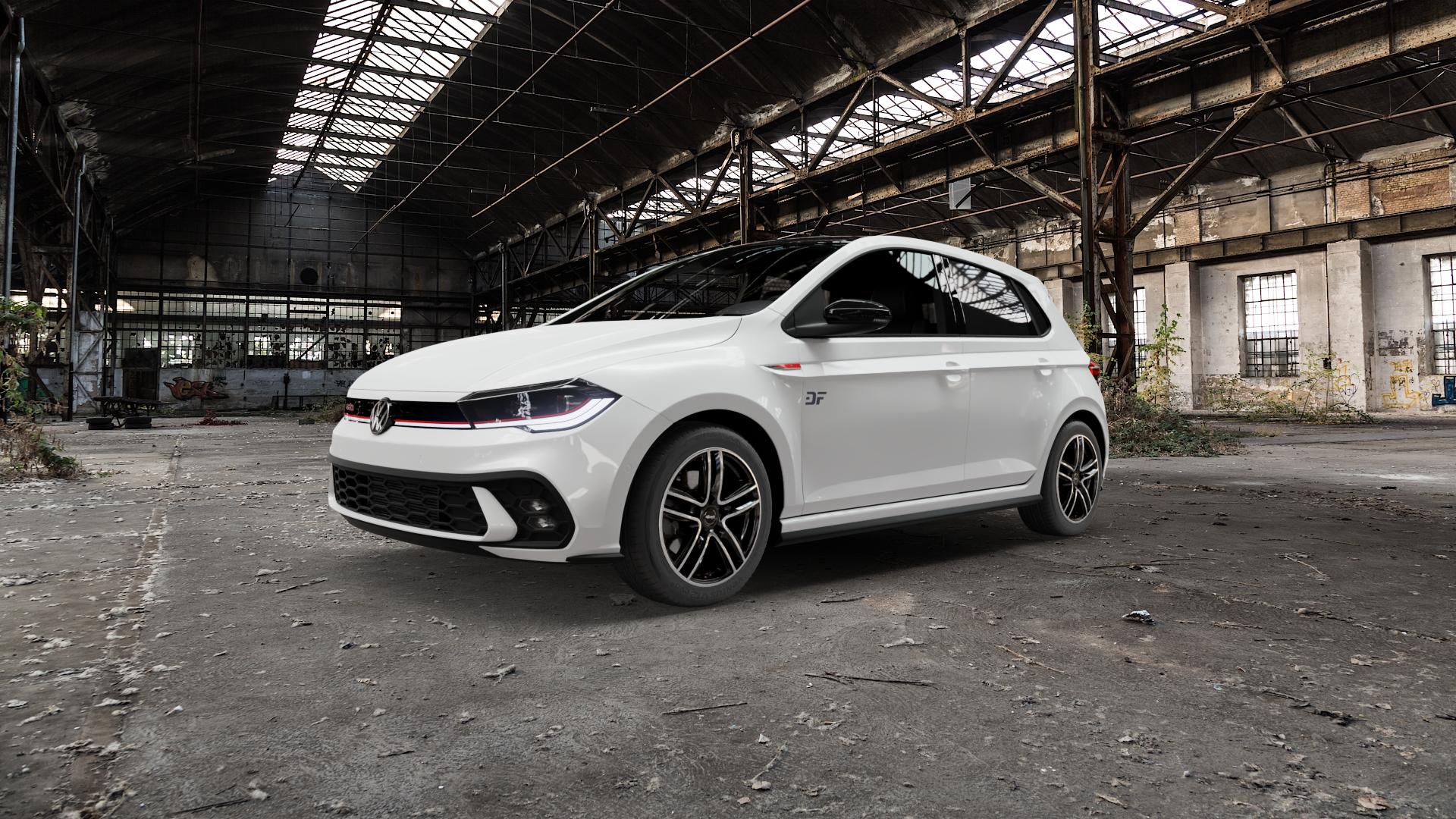 RC Design RC27 schwarz front-poliert Felge mit Reifen silber mehrfarbig in 16Zoll Alufelge auf weissem Volkswagen (VW) Polo VI Typ AW Facelift 2,0l GTI 152kW (207 PS) ⬇️ mit 15mm Tieferlegung ⬇️ Old Industrial Hall_max5000mm_2022 Frontansicht_1