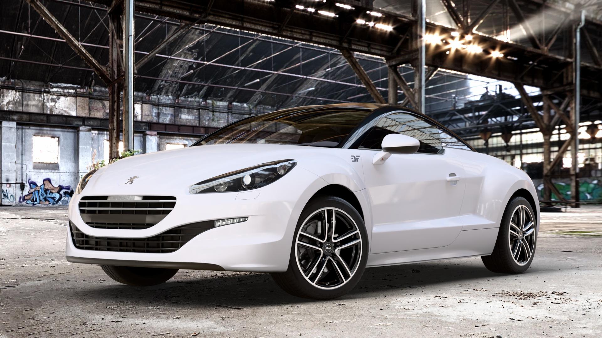 RC Design RC27 schwarz front-poliert Felge mit Reifen silber mehrfarbig in 18Zoll Alufelge auf weissem Peugeot RCZ Facelift ⬇️ mit 15mm Tieferlegung ⬇️ Old Industrial Hall_max_4400mm_2024 Frontansicht_1