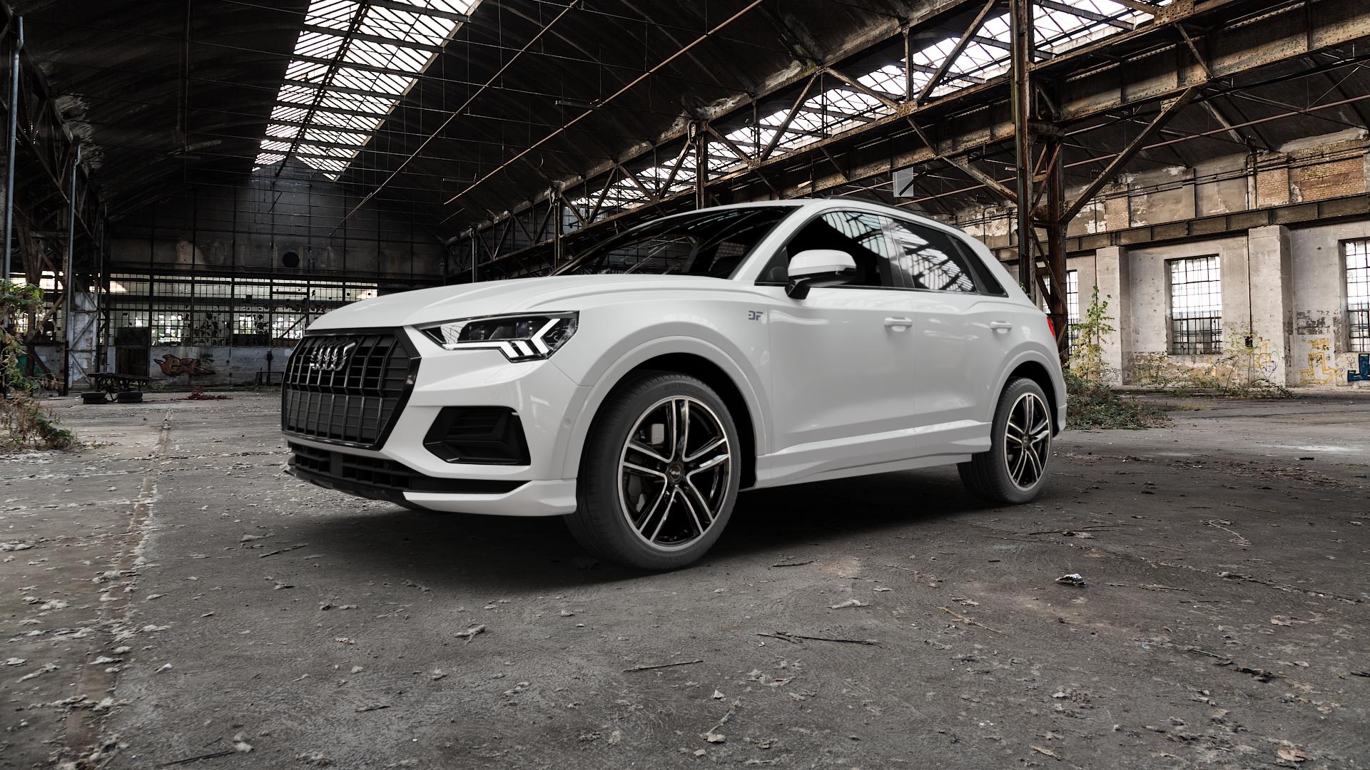 RC Design RC27 schwarz front-poliert Felge mit Reifen silber mehrfarbig in 19Zoll Alufelge auf weissem Audi Q3 II Sportback Typ F3 ⬇️ mit 15mm Tieferlegung ⬇️ Old Industrial Hall_max5000mm_2022 Frontansicht_1