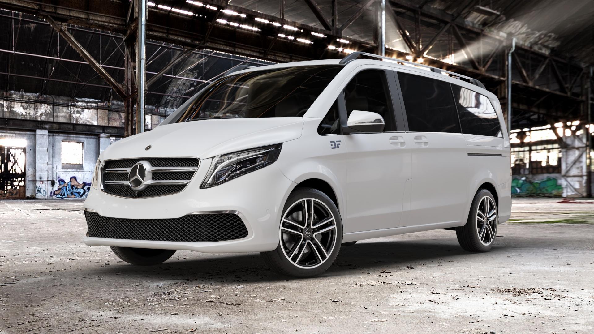 RC Design RC27 schwarz front-poliert Felge mit Reifen silber mehrfarbig in 19Zoll Alufelge auf weissem Mercedes V-Klasse Typ W447 Facelift Marco Polo Vito Tourer ⬇️ mit 15mm Tieferlegung ⬇️ Old Industrial Hall_max_5300mm_2024 Frontansicht_1
