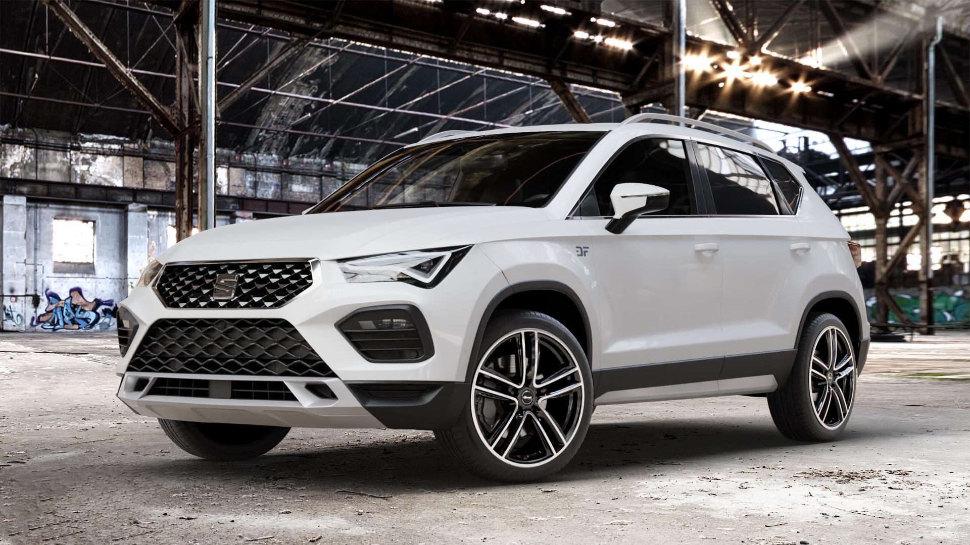 RC Design RC27 schwarz front-poliert Felge mit Reifen silber mehrfarbig in 19Zoll Alufelge auf weissem Seat Ateca Typ 5FP Facelift ⬇️ mit 15mm Tieferlegung ⬇️ Old Industrial Hall_max_4400mm_2024 Frontansicht_1