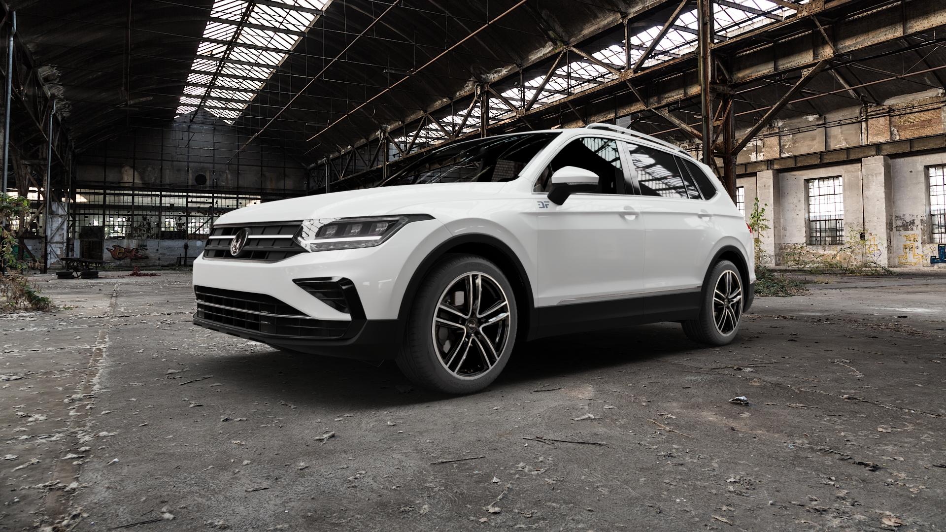 RC Design RC27 schwarz front-poliert Felge mit Reifen silber mehrfarbig in 19Zoll Alufelge auf weissem Volkswagen (VW) Tiguan II Typ 5N Allspace Facelift ⬇️ mit 15mm Tieferlegung ⬇️ Old Industrial Hall_max5000mm_2022 Frontansicht_1