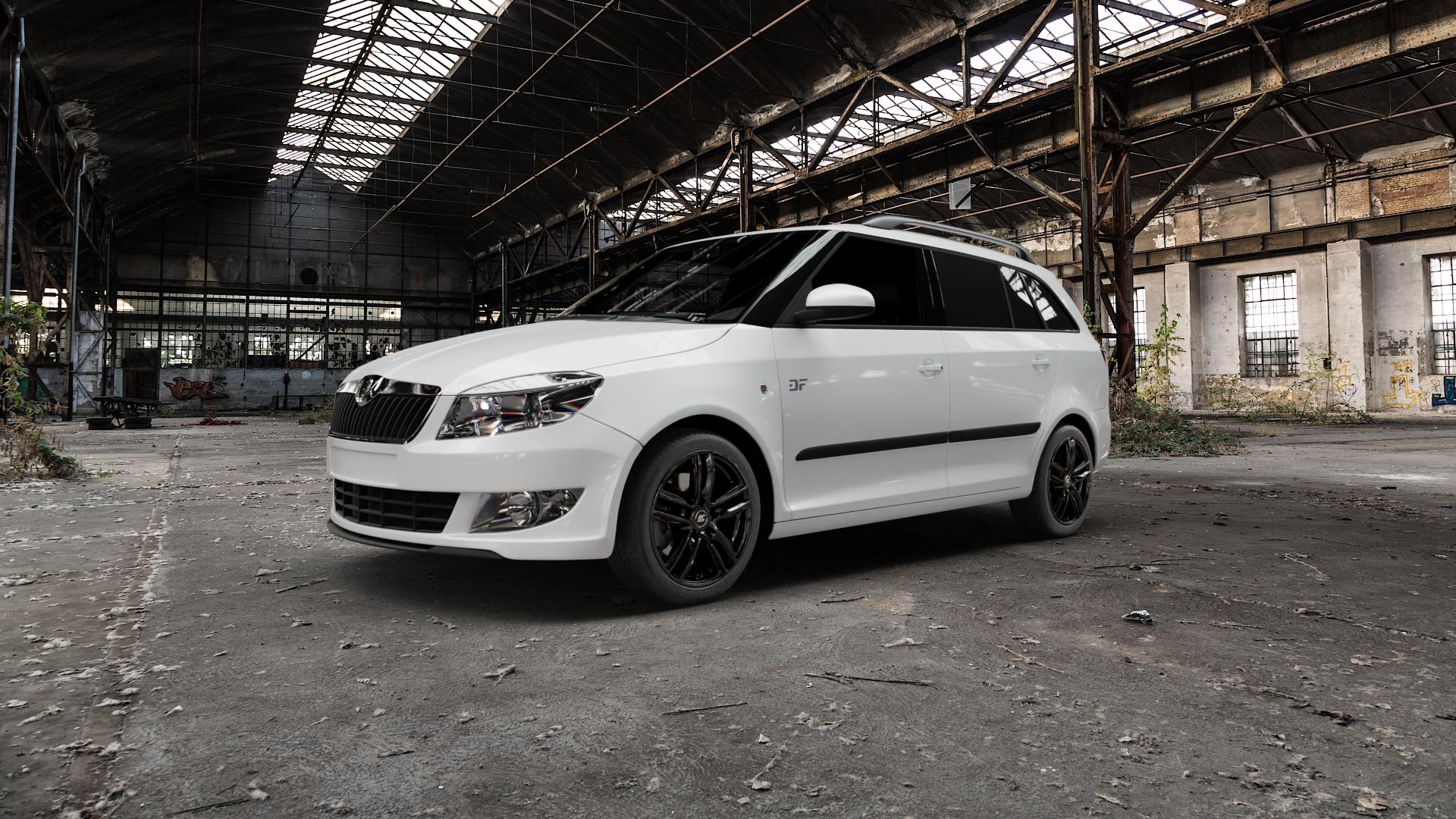 RC Design RC27 schwarz lackiert Felge mit Reifen in 16Zoll Winterfelge Alufelge auf weissem Skoda Fabia II Kombi Typ 5J Facelift ⬇️ mit 15mm Tieferlegung ⬇️ Old Industrial Hall_max5000mm_2022 Frontansicht_1