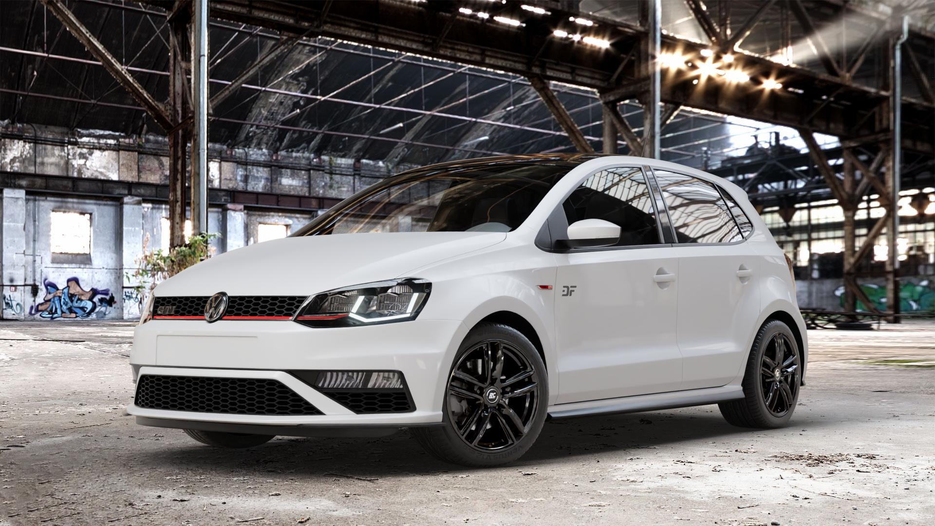 RC Design RC27 schwarz lackiert Felge mit Reifen in 16Zoll Winterfelge Alufelge auf weissem Volkswagen (VW) Polo V Typ 6C 1,8l GTI 141kW (192 PS) ⬇️ mit 15mm Tieferlegung ⬇️ Old Industrial Hall_max_4400mm_2024 Frontansicht_1
