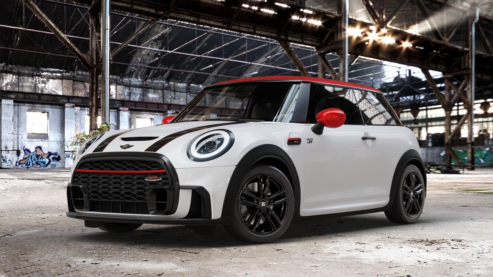 RC Design RC27 schwarz lackiert Felge mit Reifen in 17Zoll Winterfelge Alufelge auf weissem Mini F56 Typ FML2 (3-Türer Limousine) Facelift 21-> 2,0l Cooper S 131kW (178 PS) 120kW (163 JCW 170kW (231 ⬇️ mit 15mm Tieferlegung ⬇️ Old Industrial Hall_max_4400mm_2024 Frontansicht_1