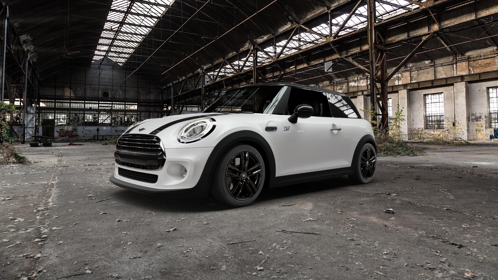 RC Design RC27 schwarz lackiert Felge mit Reifen in 17Zoll Winterfelge Alufelge auf weissem Mini F56 Typ UKL-L (3-Türer Limousine) ⬇️ mit 15mm Tieferlegung ⬇️ Old Industrial Hall_max5000mm_2022 Frontansicht_1