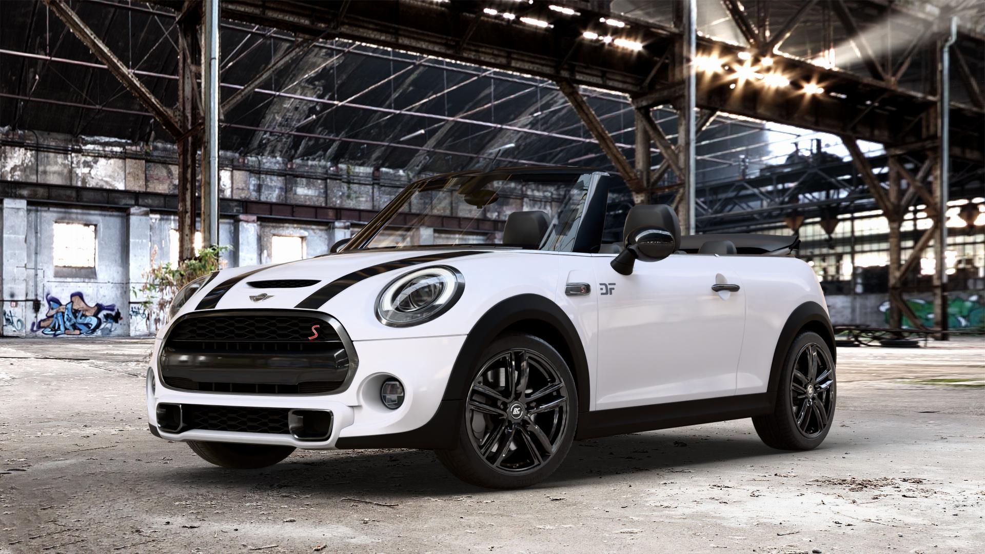RC Design RC27 schwarz lackiert Felge mit Reifen in 17Zoll Winterfelge Alufelge auf weissem Mini F57 Typ UKL-L (Cabriolet) 2,0l Cooper S 141kW (192 PS) SD 125kW (170 JCW 170kW (231 FMCA 155kW (211 120kW (163 Facelift ⬇️ mit 15mm Tieferlegung ⬇️ Old Industrial Hall_max_4400mm_2024 Frontansicht_1