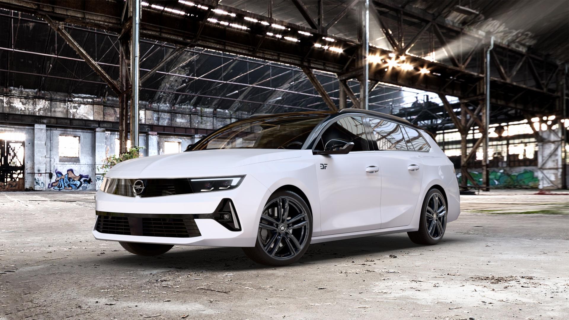 RC Design RC27 schwarz lackiert Felge mit Reifen in 18Zoll Winterfelge Alufelge auf weissem Opel Astra L Sports Tourer Typ F Facelift ⬇️ mit 15mm Tieferlegung ⬇️ Old Industrial Hall_max_5300mm_2024 Frontansicht_1