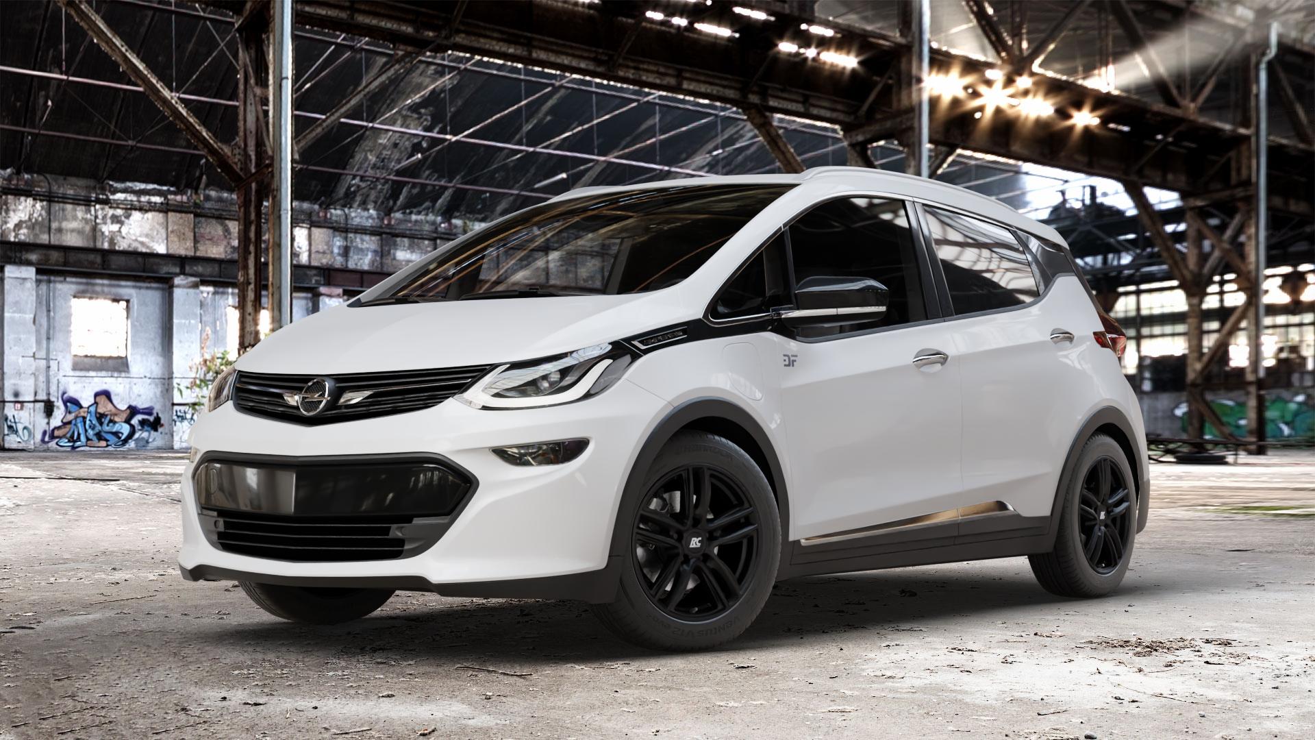 RC Design RC27 schwarz-matt lackiert Felge mit Reifen in 16Zoll Winterfelge Alufelge auf weissem Opel Ampera-e Typ 1G0F Ampera ⬇️ mit 15mm Tieferlegung ⬇️ Old Industrial Hall_max_4400mm_2024 Frontansicht_1