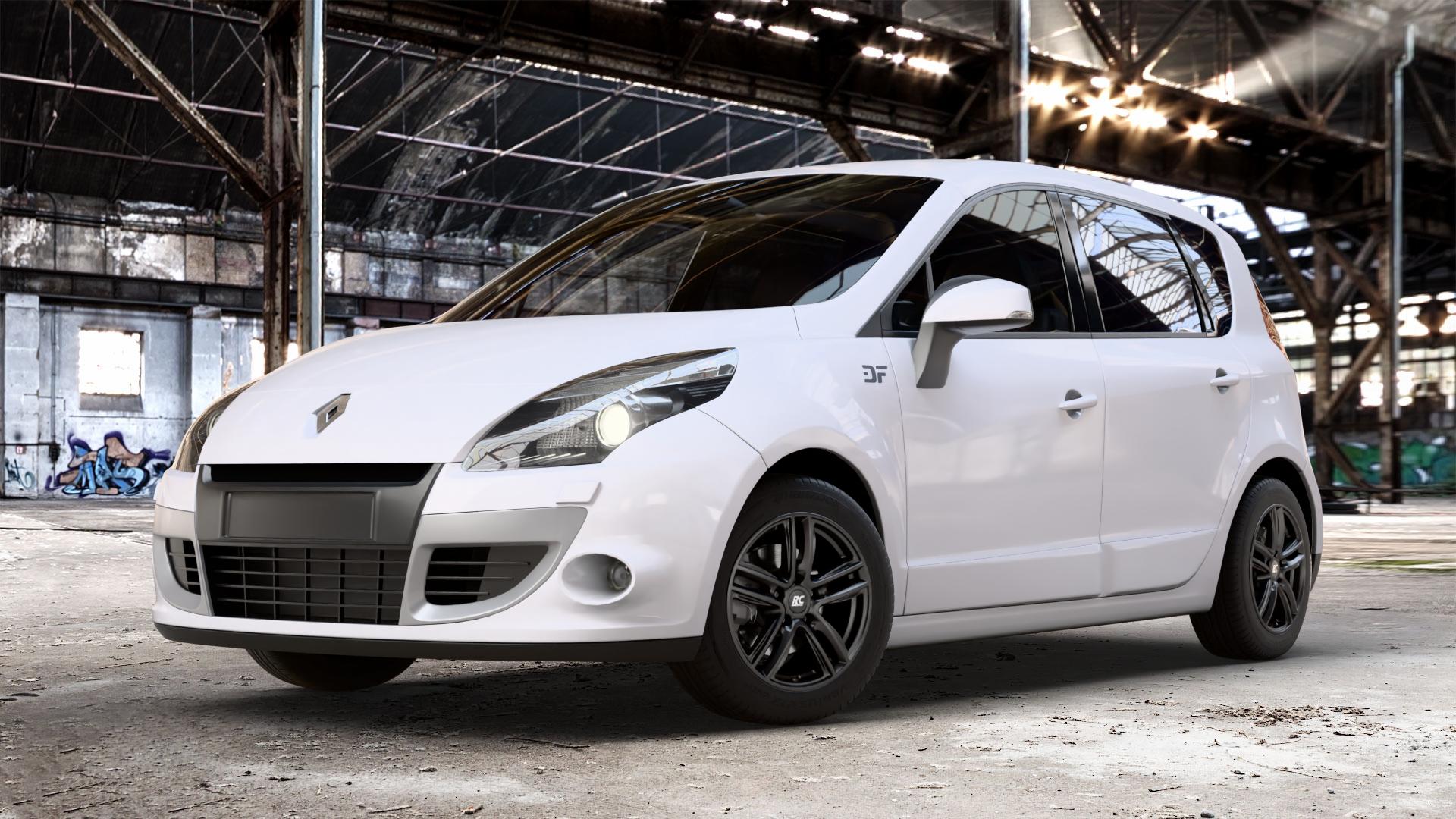 RC Design RC27 schwarz-matt lackiert Felge mit Reifen in 16Zoll Winterfelge Alufelge auf weissem Renault Scénic III Typ JZ ⬇️ mit 15mm Tieferlegung ⬇️ Old Industrial Hall_max_4400mm_2024 Frontansicht_1