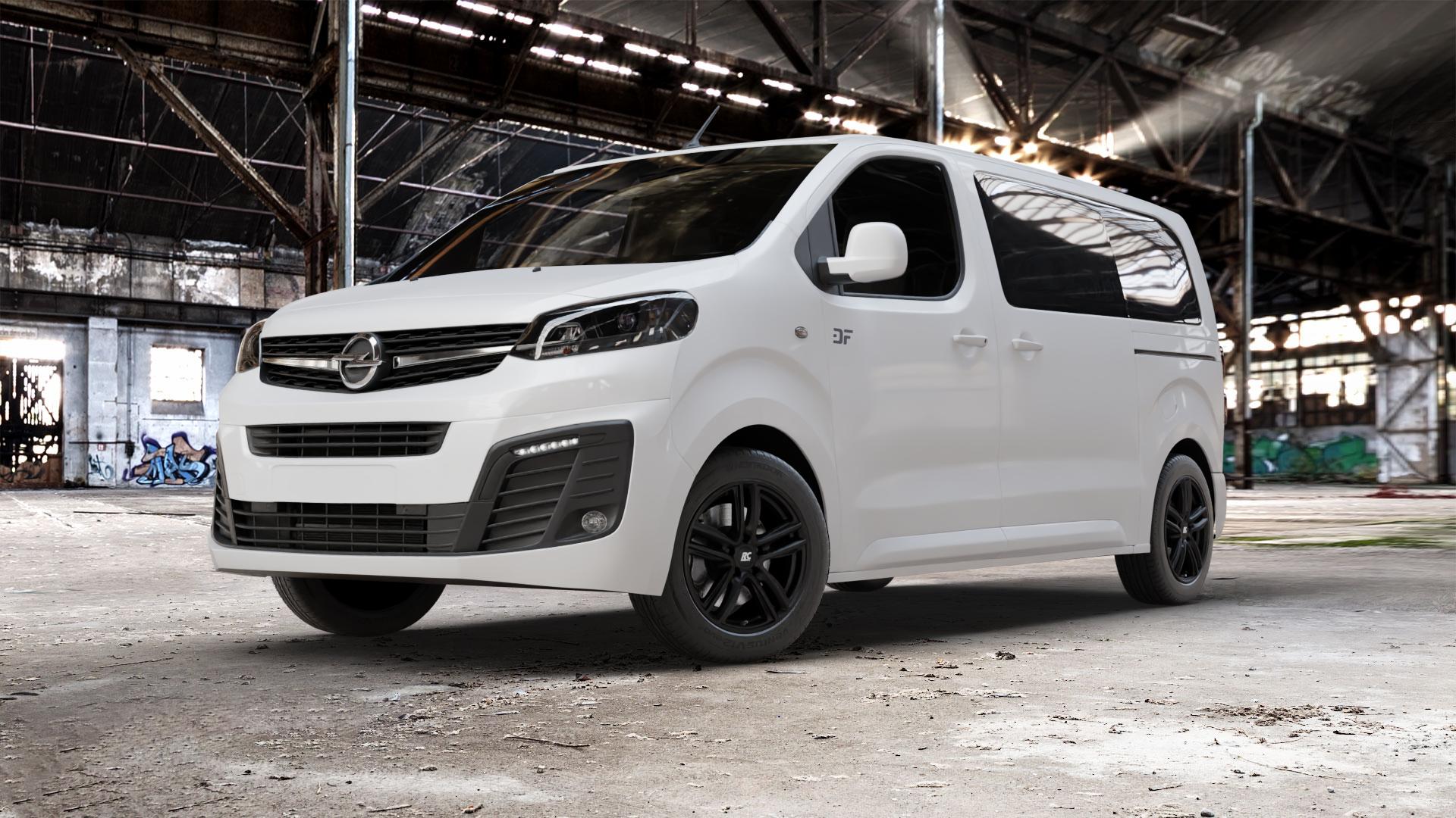 RC Design RC27 schwarz-matt lackiert Felge mit Reifen in 17Zoll Winterfelge Alufelge auf weissem Opel Zafira Life Typ V ⬇️ mit 15mm Tieferlegung ⬇️ Old Industrial Hall_max_5300mm_2024 Frontansicht_1