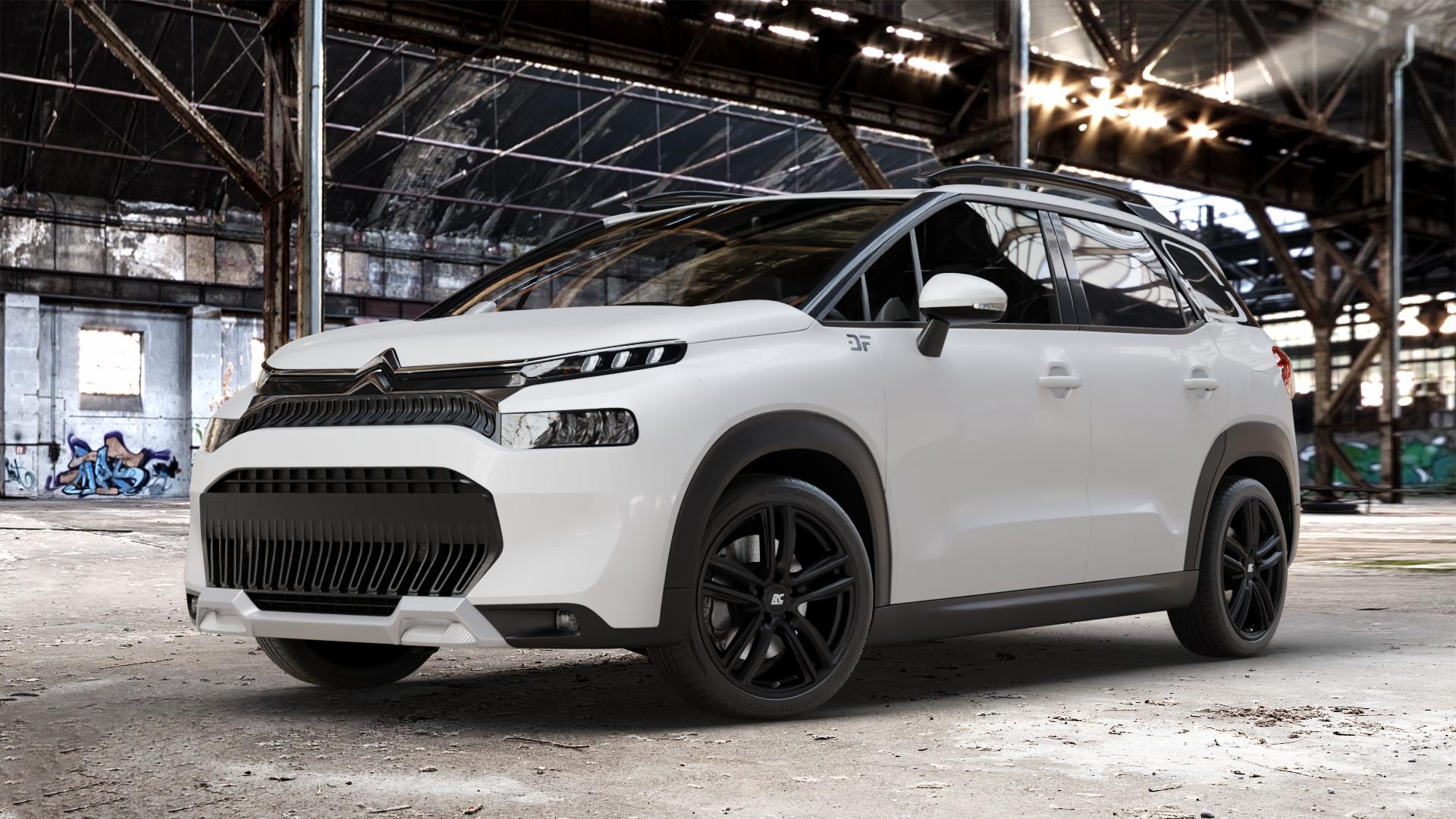 RC Design RC27 schwarz-matt lackiert Felge mit Reifen in 18Zoll Winterfelge Alufelge auf weissem Citroen C3 Aircross Typ 2 Facelift ⬇️ mit 15mm Tieferlegung ⬇️ Old Industrial Hall_max_4400mm_2024 Frontansicht_1