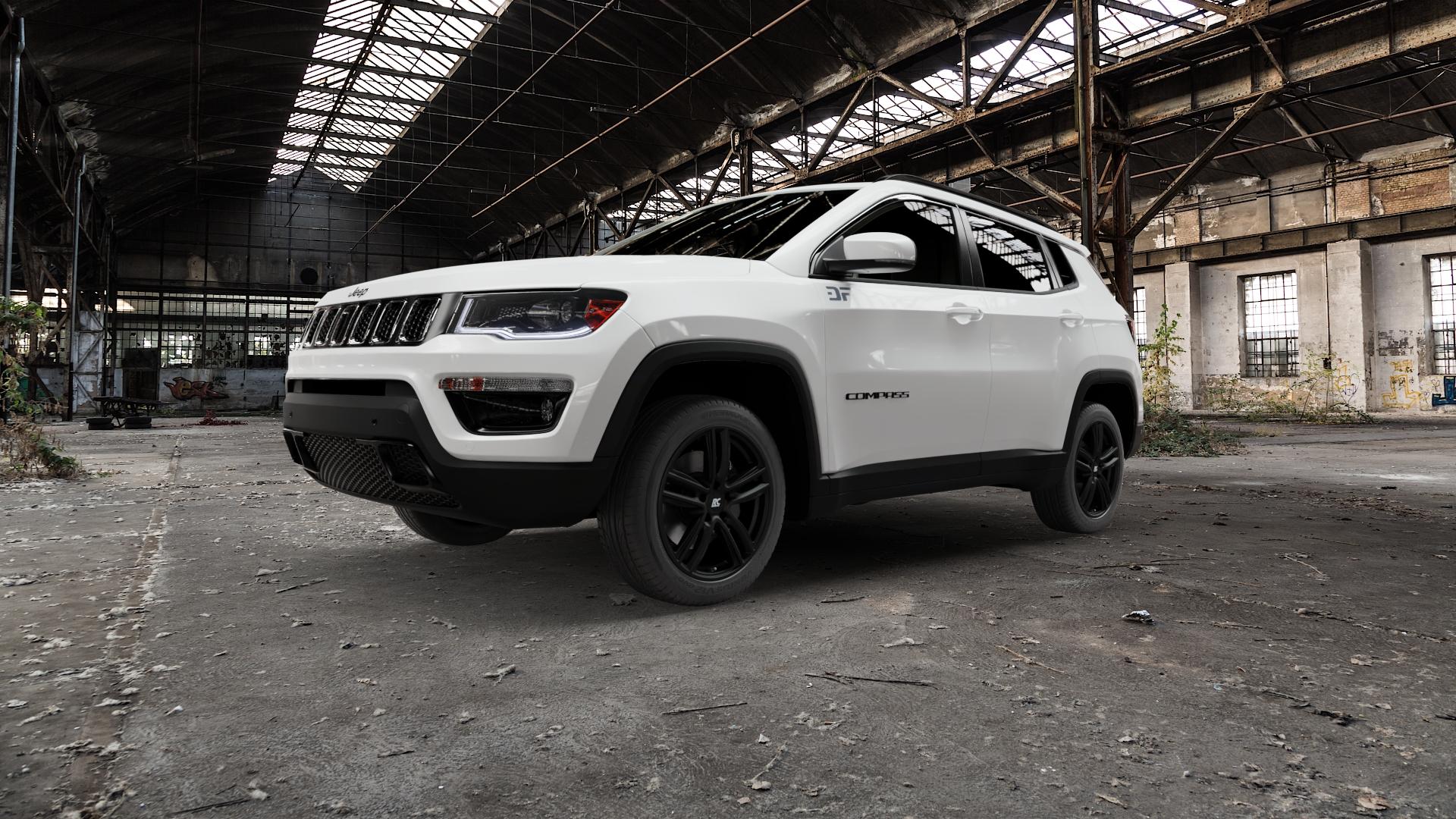 RC Design RC27 schwarz-matt lackiert Felge mit Reifen in 18Zoll Winterfelge Alufelge auf weissem Jeep Compass III Typ MX ⬇️ mit 15mm Tieferlegung ⬇️ Old Industrial Hall_max5000mm_2022 Frontansicht_1