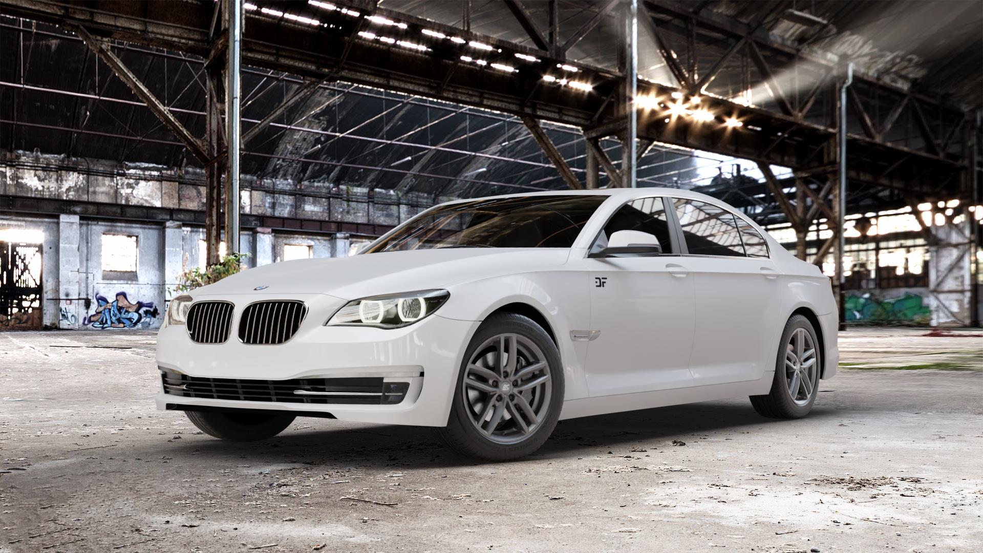 RC Design RC29 dark-sparkle lackiert Felge mit Reifen grau anthrazit in 18Zoll Winterfelge Alufelge auf weissem BMW 7er F01 Limousine (7L, 701, HY) F02 lang ⬇️ mit 15mm Tieferlegung ⬇️ Old Industrial Hall_max_5300mm_2024 Frontansicht_1