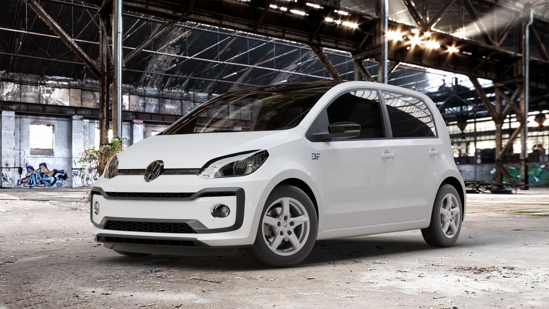 RC Design RC30 kristallsilber lackiert Felge mit Reifen in 14Zoll Winterfelge Alufelge auf weissem Volkswagen (VW) UP Facelift ⬇️ mit 15mm Tieferlegung ⬇️ Old Industrial Hall_max_4400mm_2024 Frontansicht_1