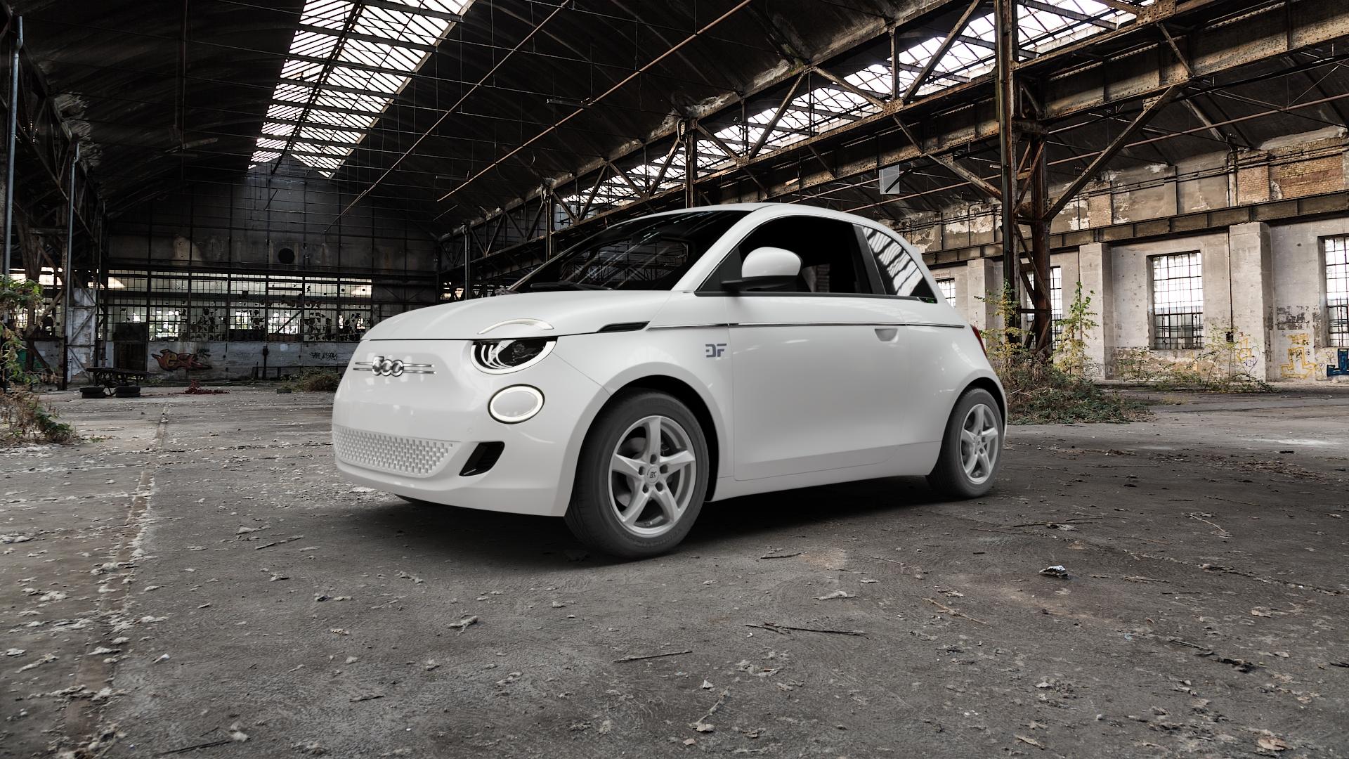 RC Design RC30 kristallsilber lackiert Felge mit Reifen in 15Zoll Winterfelge Alufelge auf weissem Fiat 500e Typ FA1 Limousine 500 Hybrid ⬇️ mit 15mm Tieferlegung ⬇️ Old Industrial Hall_max5000mm_2022 Frontansicht_1