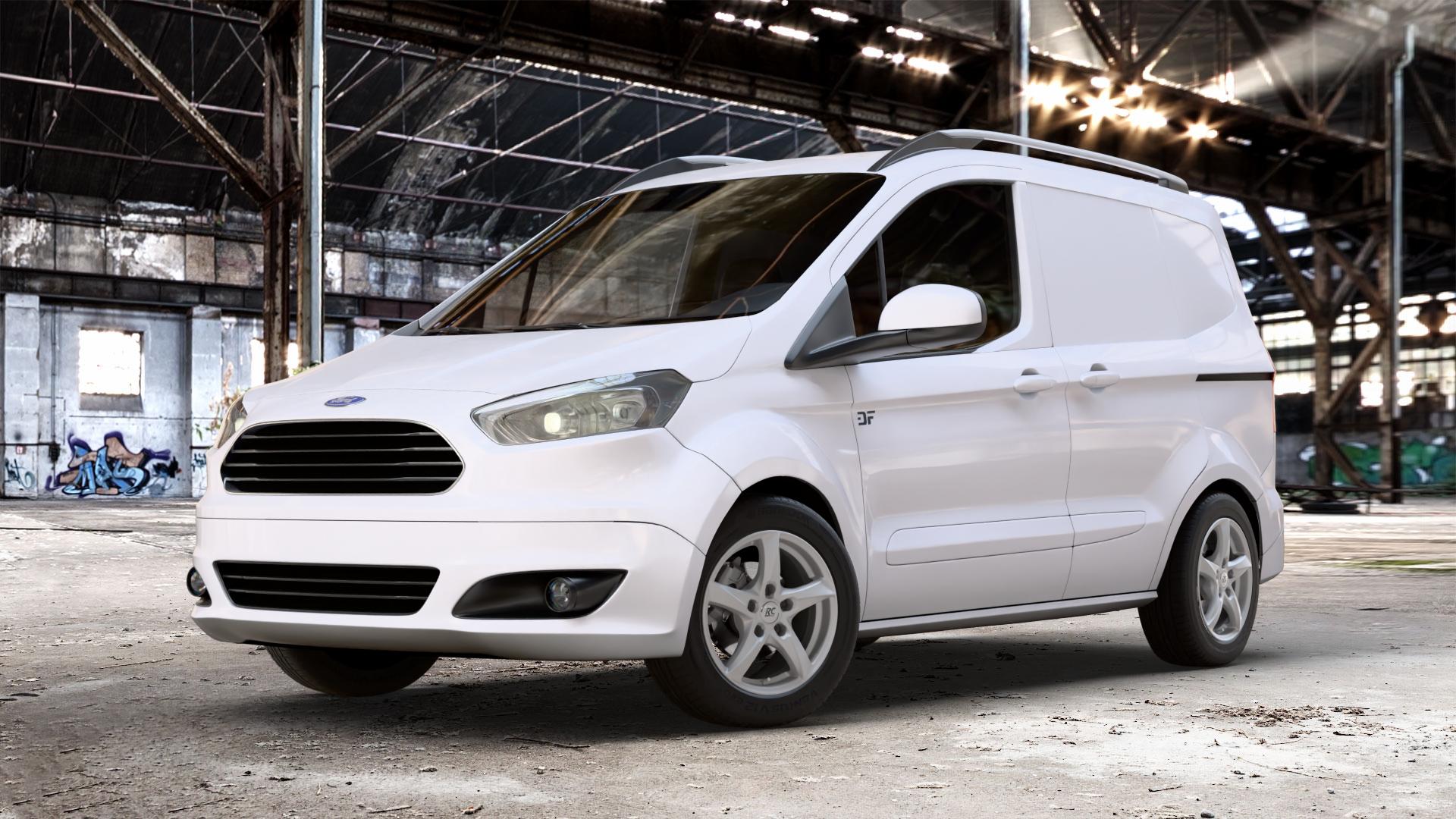 RC Design RC30 kristallsilber lackiert Felge mit Reifen in 15Zoll Winterfelge Alufelge auf weissem Ford Transit Courier Typ JN8 (14->) JU2 ⬇️ mit 15mm Tieferlegung ⬇️ Old Industrial Hall_max_4400mm_2024 Frontansicht_1