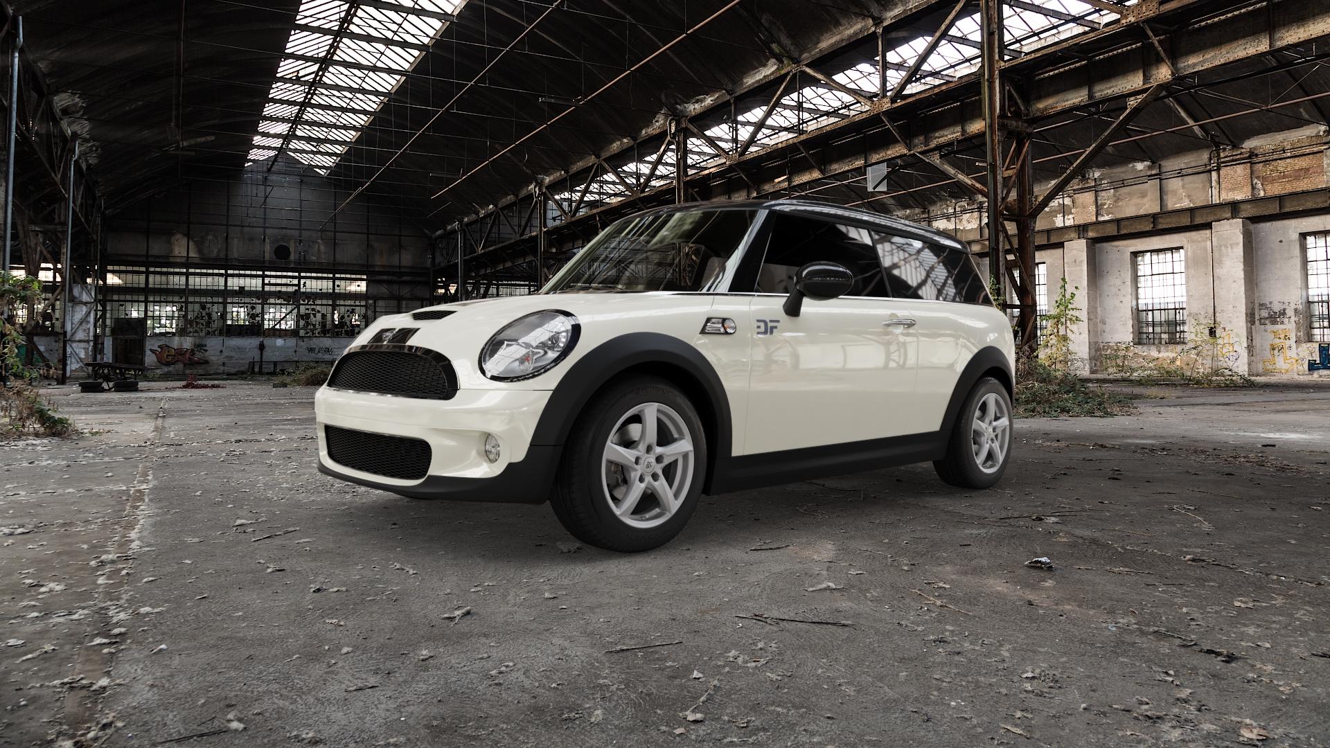 RC Design RC30 kristallsilber lackiert Felge mit Reifen in 16Zoll Winterfelge Alufelge auf weissem Mini R55 Typ UKL-K (Clubman) MINI-N ⬇️ mit 15mm Tieferlegung ⬇️ Old Industrial Hall_max5000mm_2022 Frontansicht_1