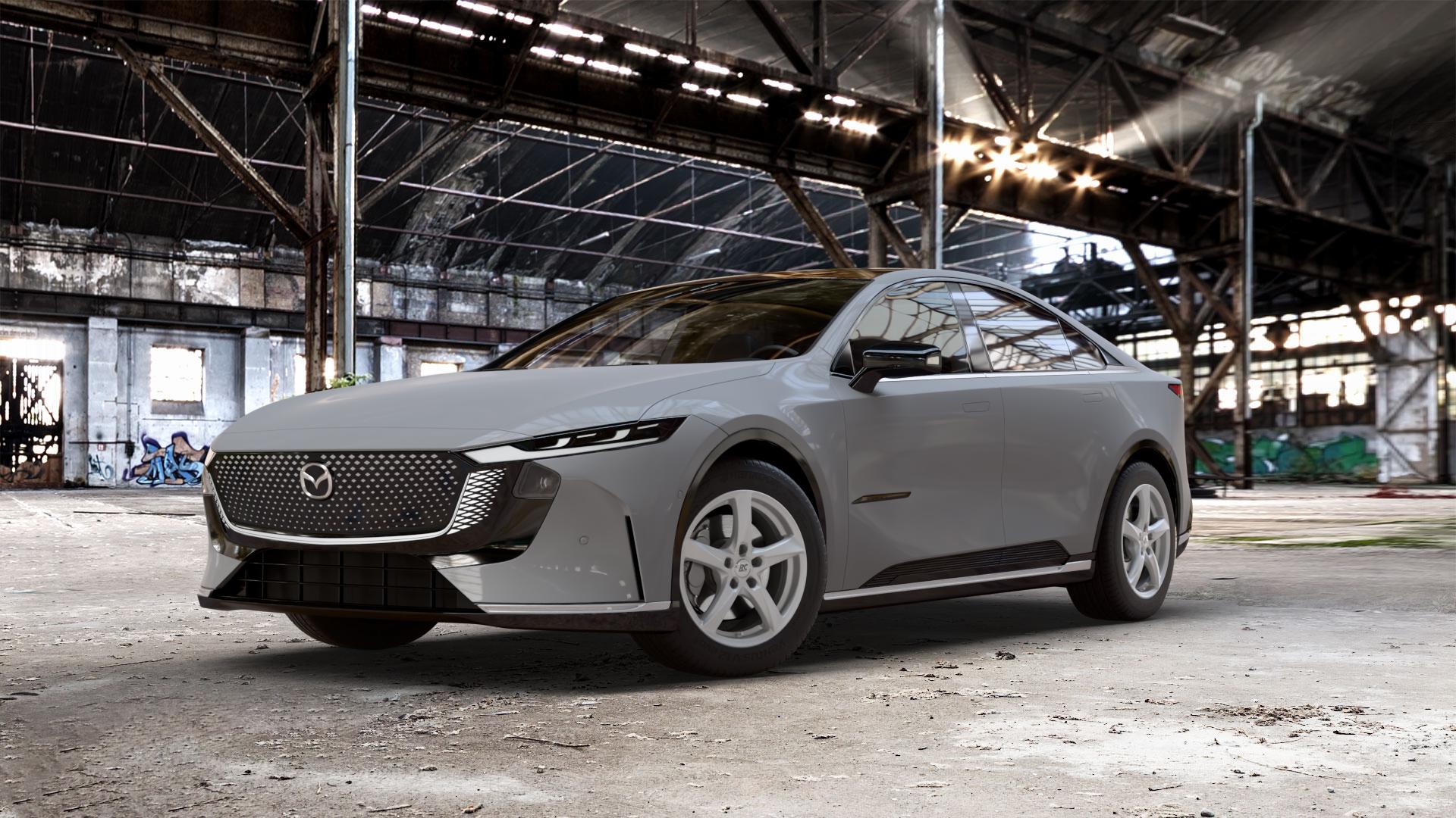 RC Design RC30 kristallsilber lackiert Felge mit Reifen in 17Zoll Winterfelge Alufelge auf schwarzem Mazda 6e (GN) 0,0l 60kW (82 PS) 100kW (136 6 ⬇️ mit 15mm Tieferlegung ⬇️ Old Industrial Hall_max_5300mm_2024 Frontansicht_1