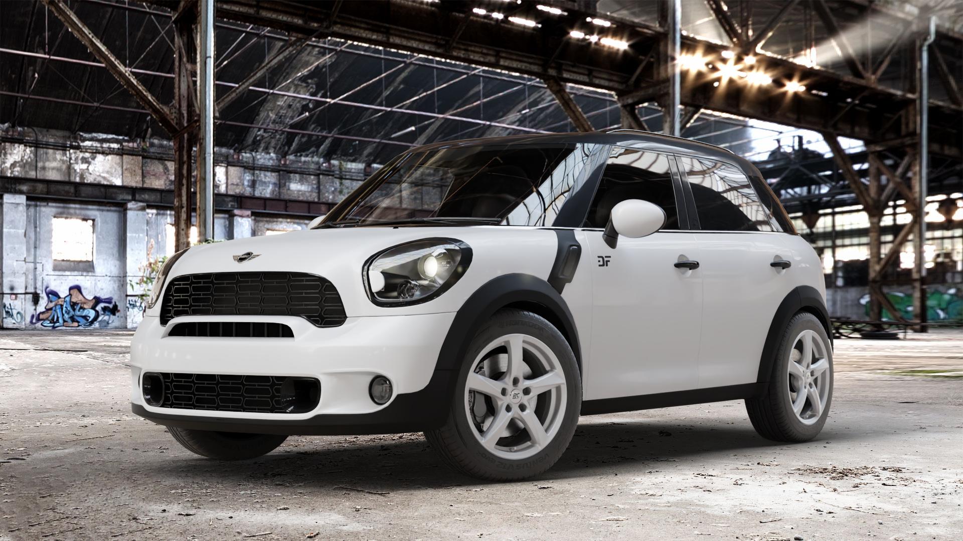 RC Design RC30 kristallsilber lackiert Felge mit Reifen in 17Zoll Winterfelge Alufelge auf weissem Mini R60 Typ UKL/X (Countryman) UKL-N1 ⬇️ mit 15mm Tieferlegung ⬇️ Old Industrial Hall_max_4400mm_2024 Frontansicht_1