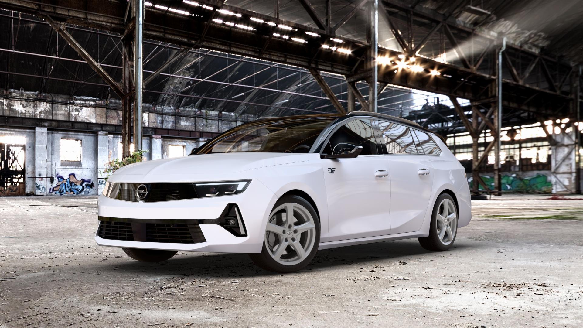 RC Design RC30 kristallsilber lackiert Felge mit Reifen in 17Zoll Winterfelge Alufelge auf weissem Opel Astra L Sports Tourer Typ F Facelift ⬇️ mit 15mm Tieferlegung ⬇️ Old Industrial Hall_max_5300mm_2024 Frontansicht_1