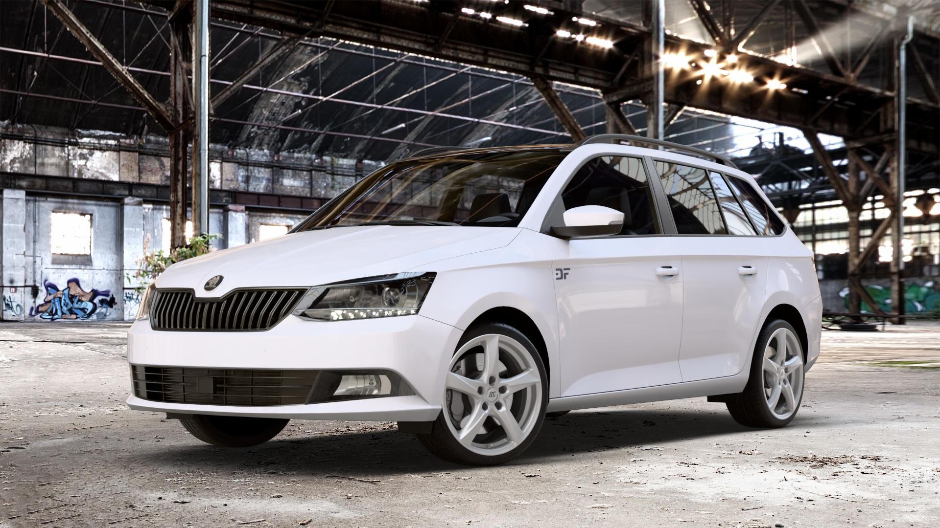 RC Design RC30 kristallsilber lackiert Felge mit Reifen in 17Zoll Winterfelge Alufelge auf weissem Skoda Fabia III Kombi Typ 5J Facelift ⬇️ mit 15mm Tieferlegung ⬇️ Old Industrial Hall_max_4400mm_2024 Frontansicht_1