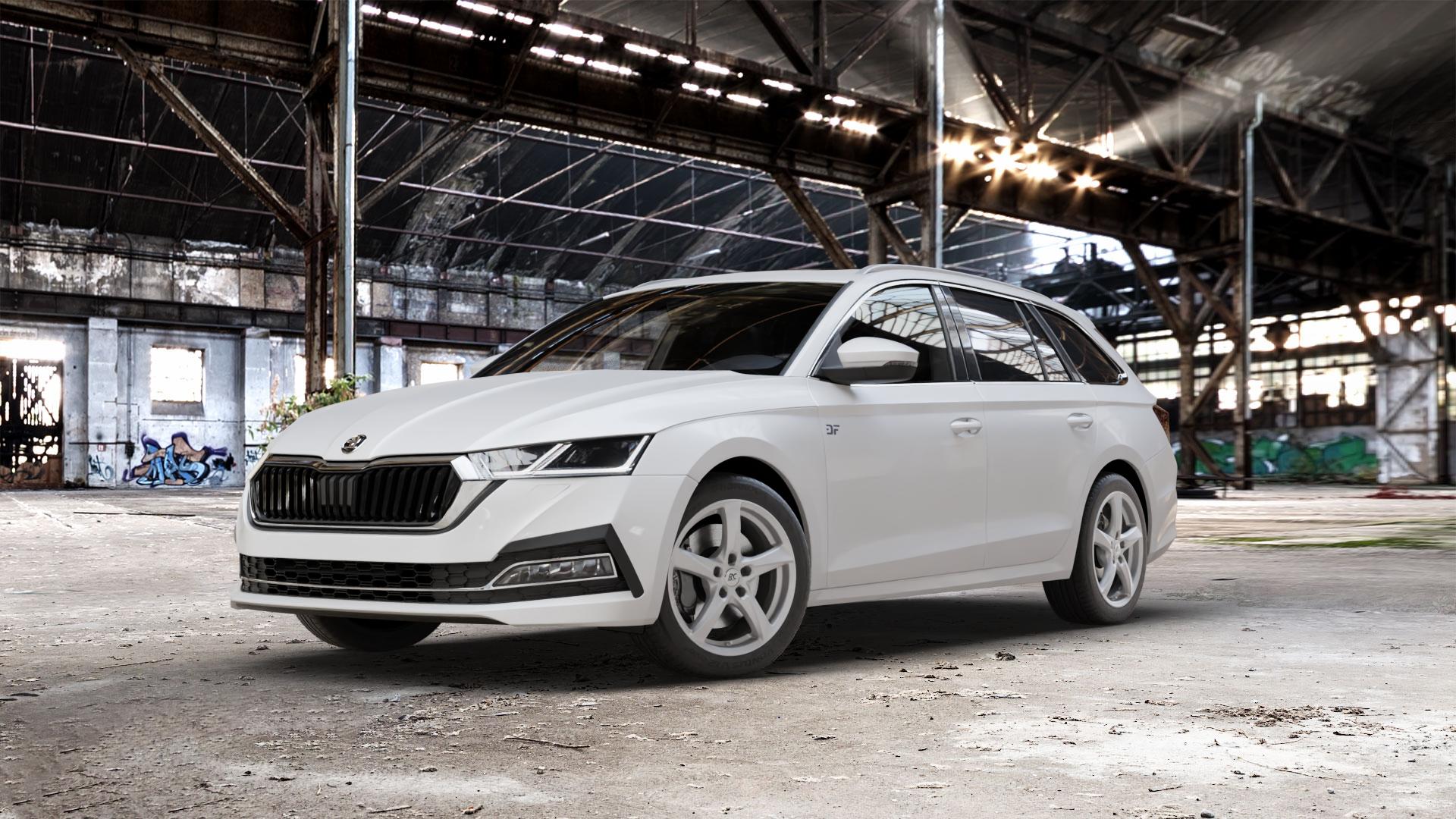 RC Design RC30 kristallsilber lackiert Felge mit Reifen in 17Zoll Winterfelge Alufelge auf weissem Skoda Octavia IV Kombi Typ NX ⬇️ mit 15mm Tieferlegung ⬇️ Old Industrial Hall_max_5300mm_2024 Frontansicht_1