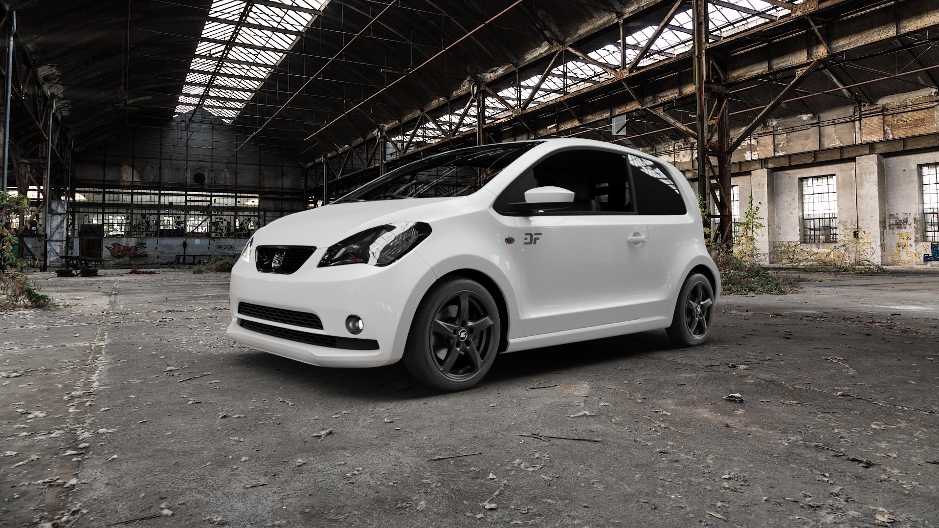 RC Design RC30 schwarz lackiert Felge mit Reifen in 16Zoll Winterfelge Alufelge auf weissem Seat Mii ⬇️ mit 15mm Tieferlegung ⬇️ Old Industrial Hall_max5000mm_2022 Frontansicht_1