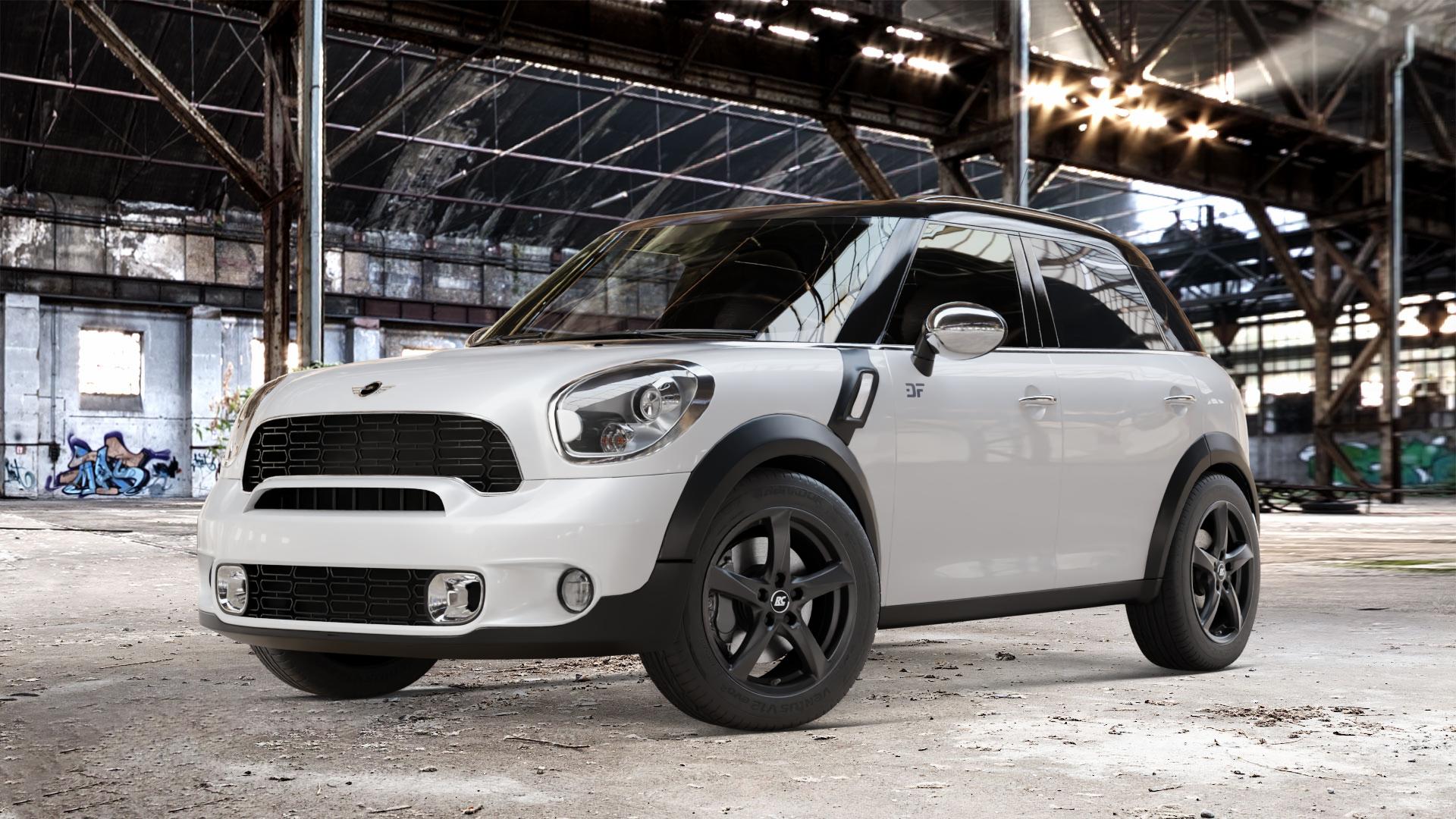 RC Design RC30 schwarz lackiert Felge mit Reifen in 17Zoll Winterfelge Alufelge auf weissem Mini R60 Typ UKL/X (Countryman) UKL-N1 ⬇️ mit 15mm Tieferlegung ⬇️ Old Industrial Hall_max_4400mm_2024 Frontansicht_1
