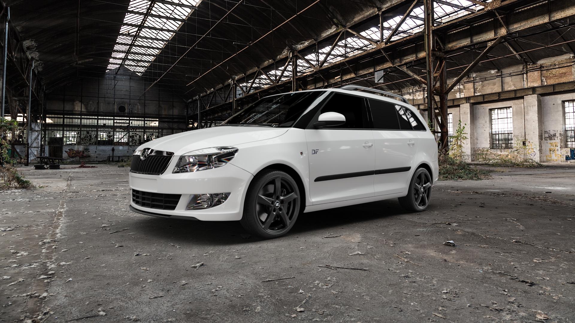 RC Design RC30 schwarz lackiert Felge mit Reifen in 17Zoll Winterfelge Alufelge auf weissem Skoda Fabia II Kombi Typ 5J Facelift ⬇️ mit 15mm Tieferlegung ⬇️ Old Industrial Hall_max5000mm_2022 Frontansicht_1