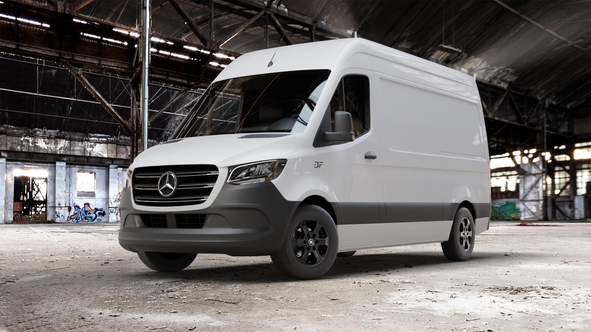 RC Design RC31 satin-black matt-lackiert Felge mit Reifen schwarz in 16Zoll Winterfelge Alufelge auf weissem Mercedes Sprinter III Typ KL3A4 KL3A5 906BB FL KL 906BA 906AC ⬇️ mit 15mm Tieferlegung ⬇️ Old Industrial Hall_max_7000mm_2024 Frontansicht_1